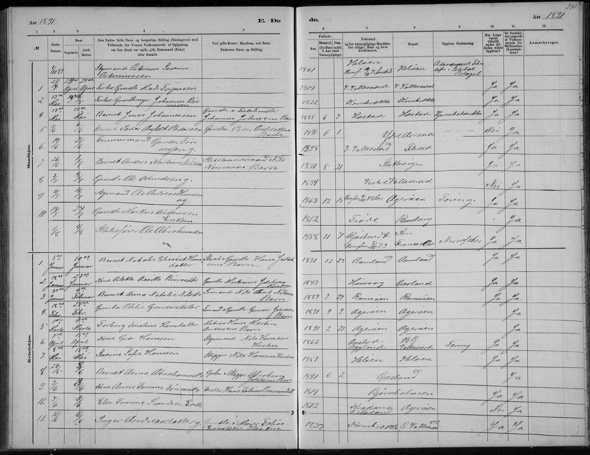 Høvåg sokneprestkontor, SAK/1111-0025/F/Fb/L0004: Parish register (copy) no. B 4, 1883-1898, p. 281