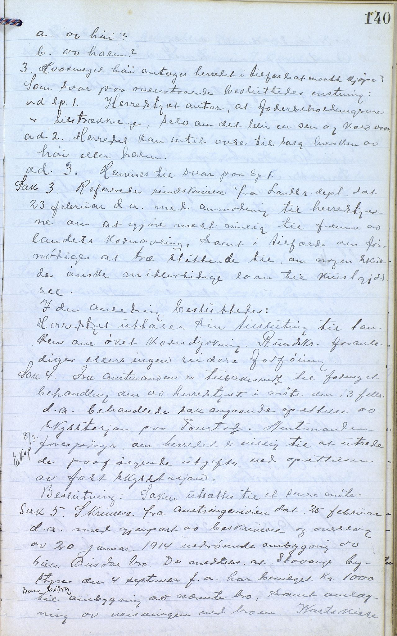 Øvre Sirdal kommune - Formannskapet/Kommunestyret, ARKSOR/1046ØS120/A/L0001: Møtebok (d), 1905-1917, p. 140