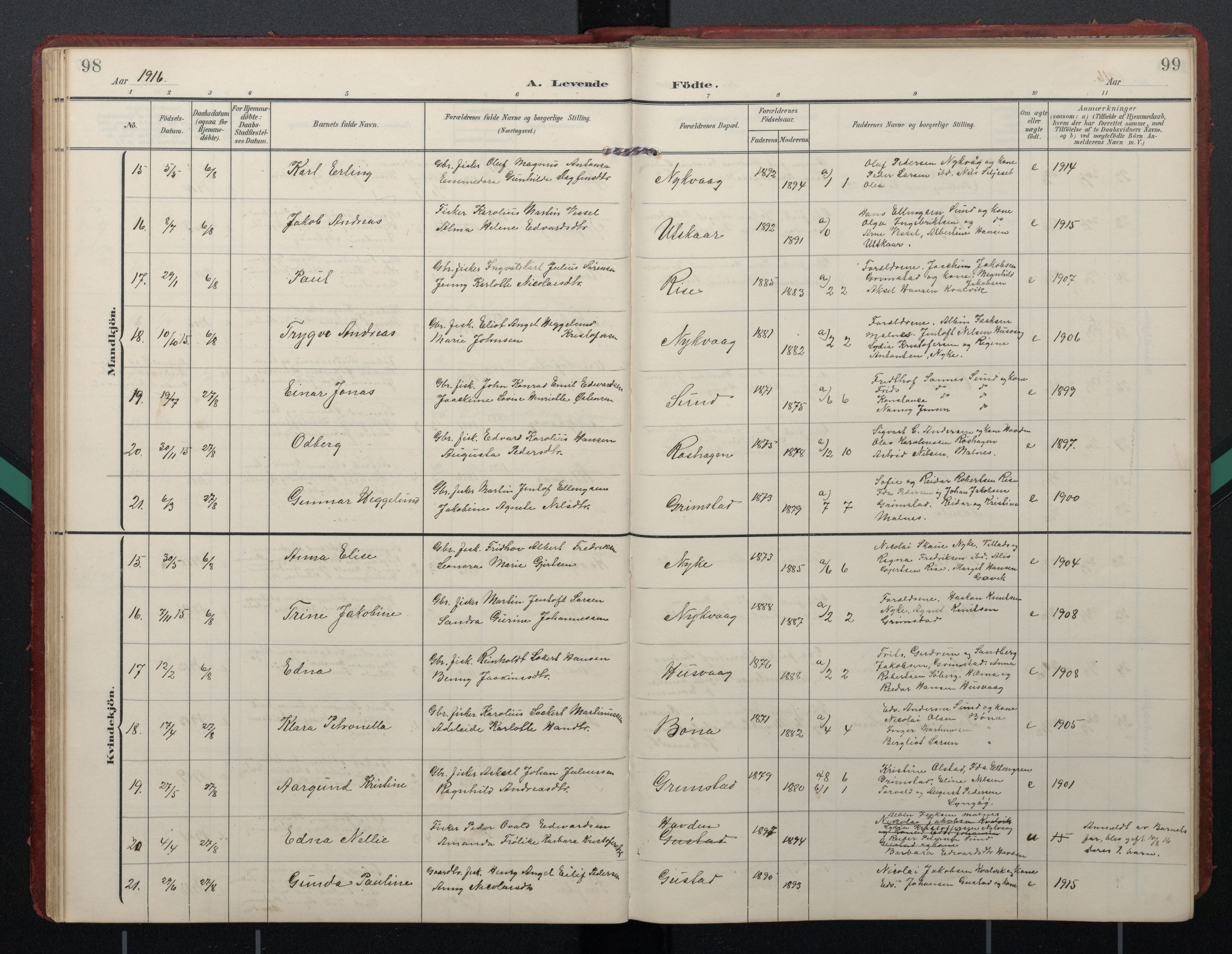 Ministerialprotokoller, klokkerbøker og fødselsregistre - Nordland, SAT/A-1459/892/L1322: Parish register (official) no. 892A03, 1904-1921, p. 98-99