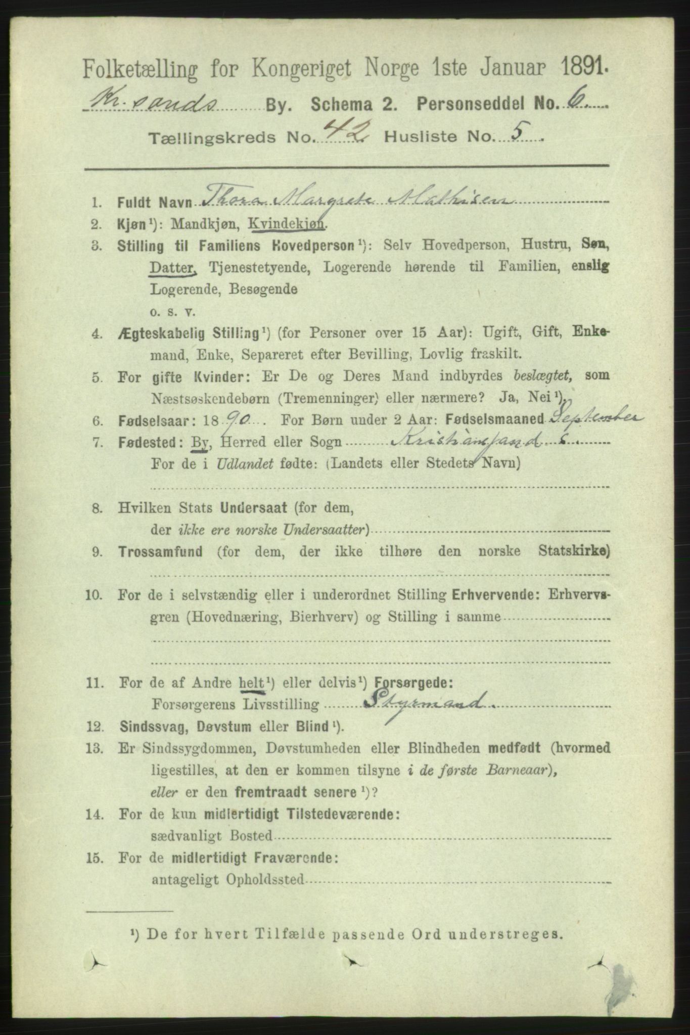 RA, 1891 census for 1001 Kristiansand, 1891, p. 13110