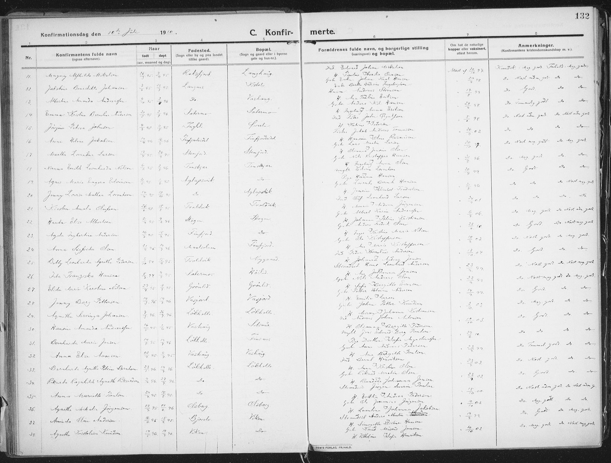 Lenvik sokneprestembete, SATØ/S-1310/H/Ha/Haa/L0016kirke: Parish register (official) no. 16, 1910-1924, p. 132