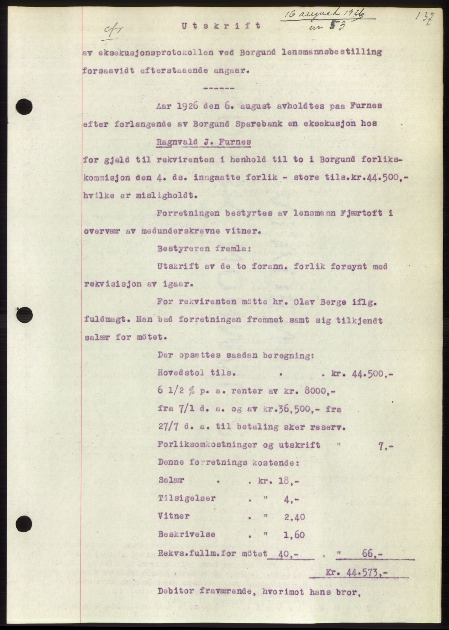 Nordre Sunnmøre sorenskriveri, AV/SAT-A-0006/1/2/2C/2Ca/L0035: Mortgage book no. 37, 1926-1926, Deed date: 16.08.1926