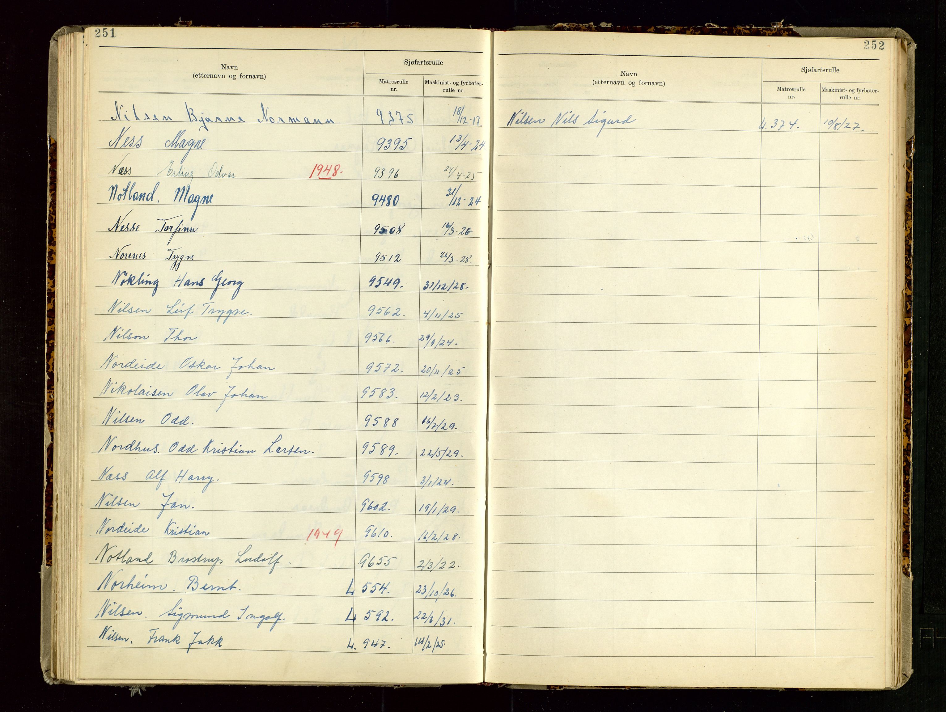 Haugesund sjømannskontor, SAST/A-102007/F/Fb/Fba/L0007: Navneregister med henvisning til rullenummer (etternavn) Haugesund krets , 1944, p. 251-252