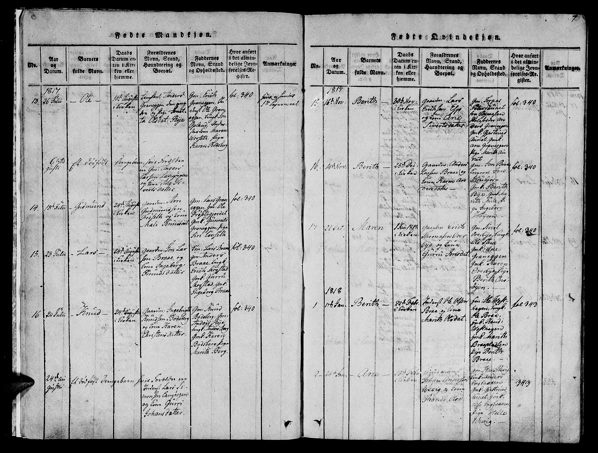 Ministerialprotokoller, klokkerbøker og fødselsregistre - Sør-Trøndelag, SAT/A-1456/612/L0372: Parish register (official) no. 612A06 /1, 1816-1828, p. 7