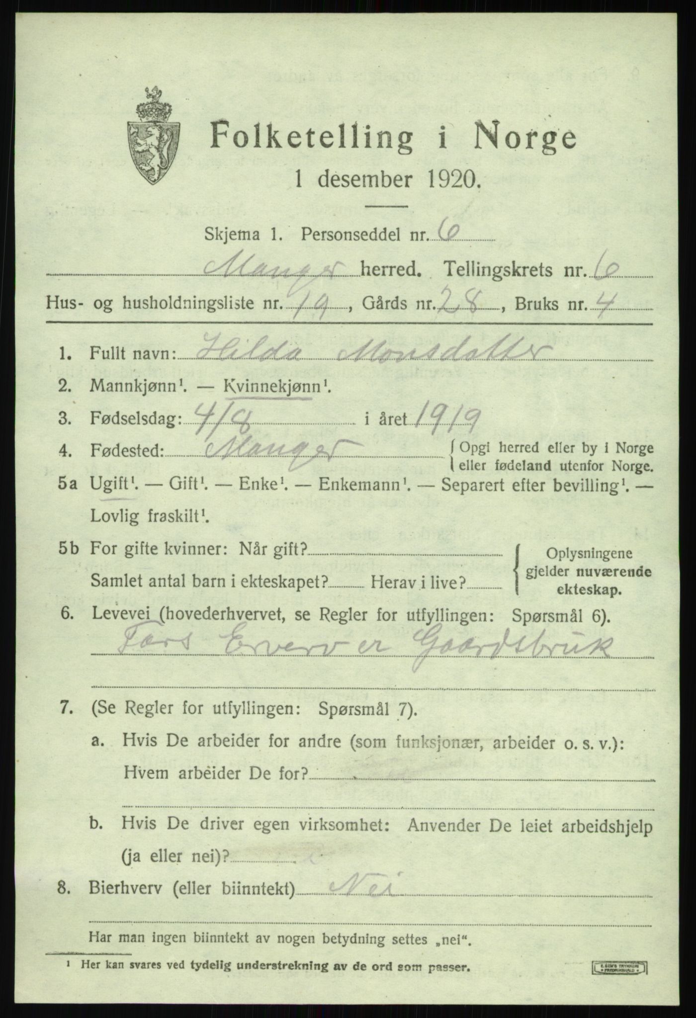 SAB, 1920 census for Manger, 1920, p. 4085