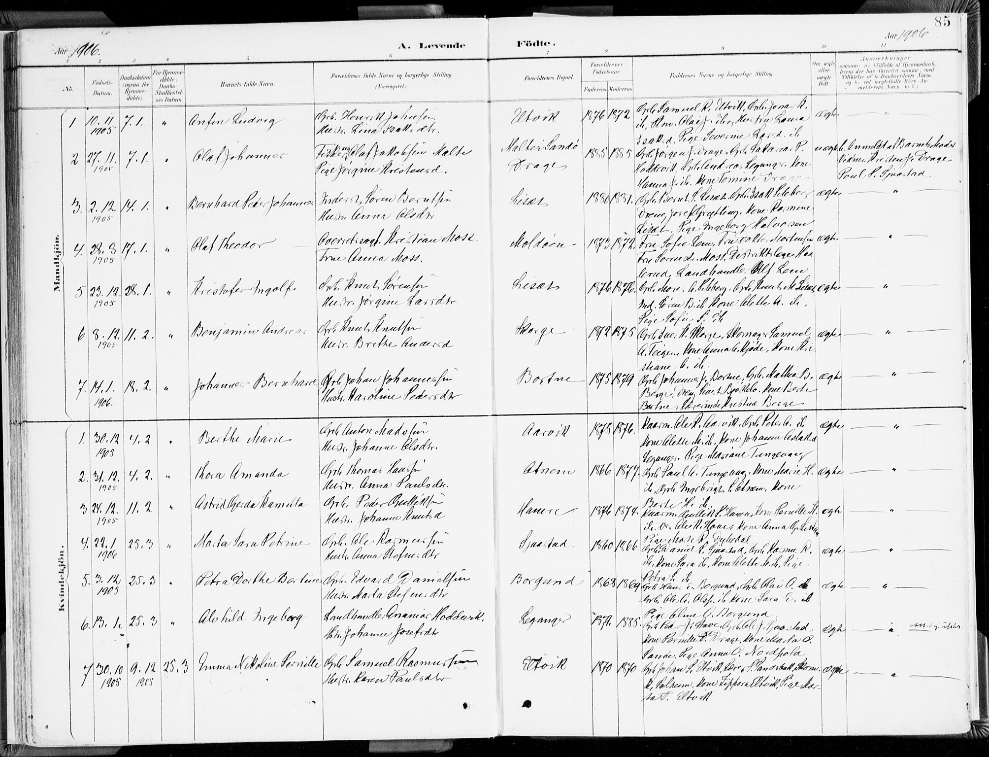 Selje sokneprestembete, SAB/A-99938/H/Ha/Haa/Haab: Parish register (official) no. B 2, 1891-1907, p. 85