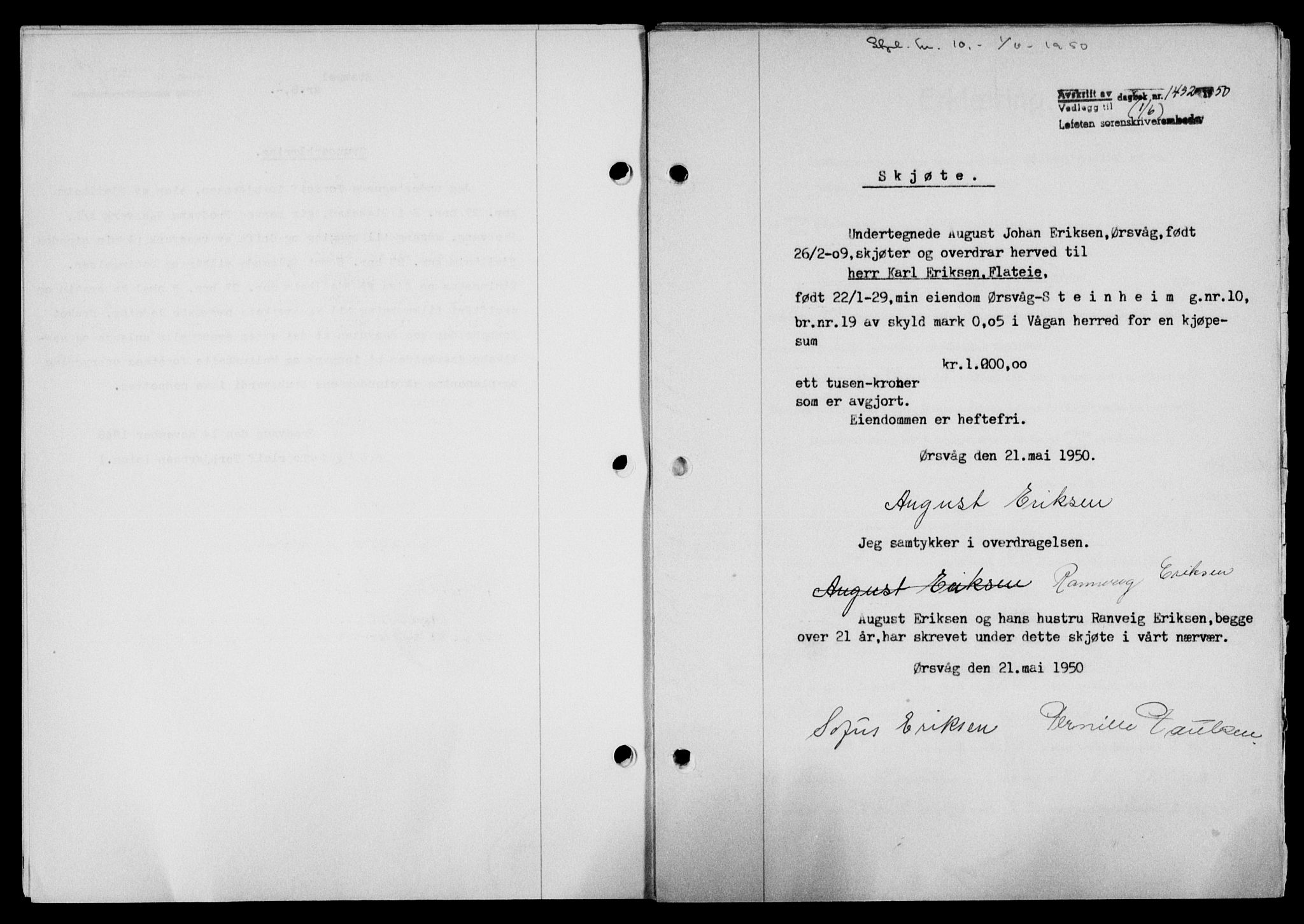 Lofoten sorenskriveri, SAT/A-0017/1/2/2C/L0023a: Mortgage book no. 23a, 1950-1950, Diary no: : 1452/1950