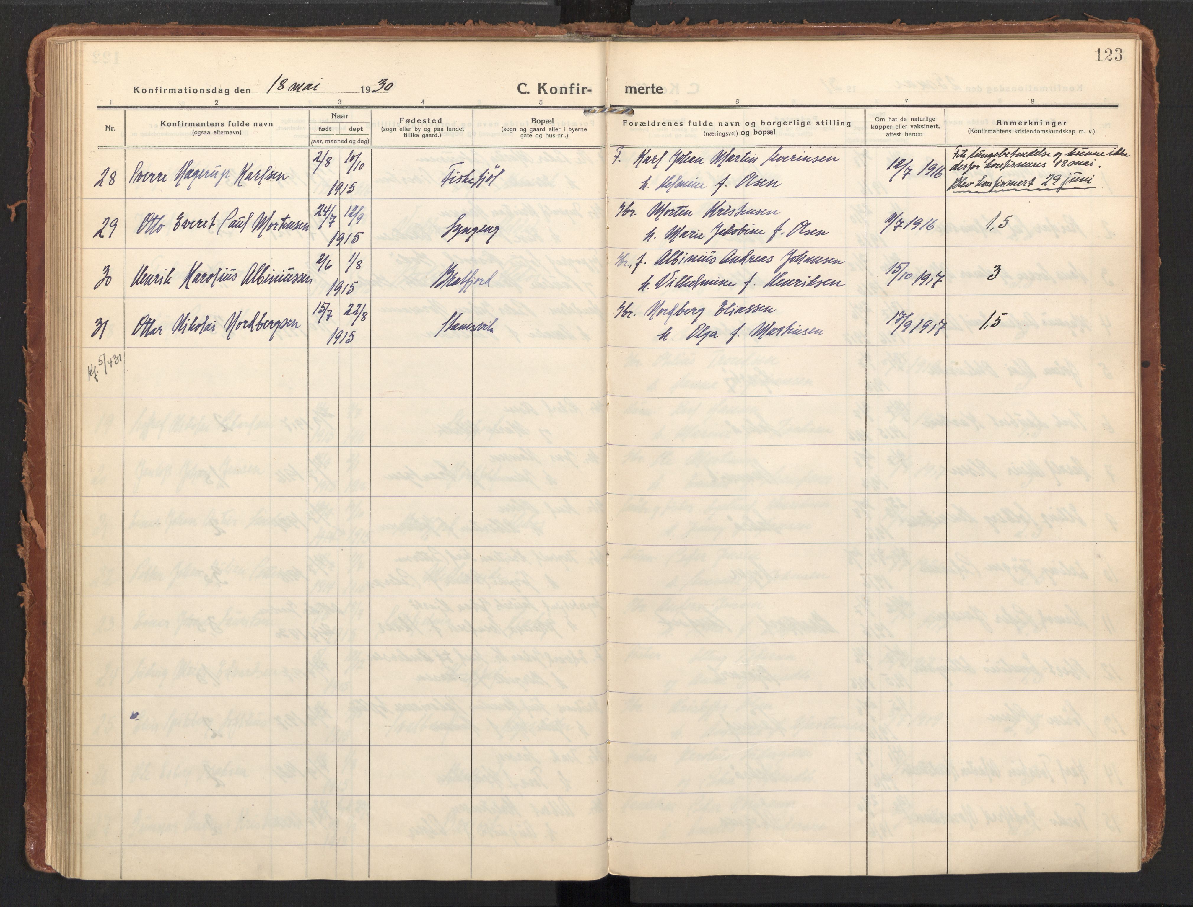 Ministerialprotokoller, klokkerbøker og fødselsregistre - Nordland, AV/SAT-A-1459/858/L0833: Parish register (official) no. 858A03, 1916-1934, p. 123