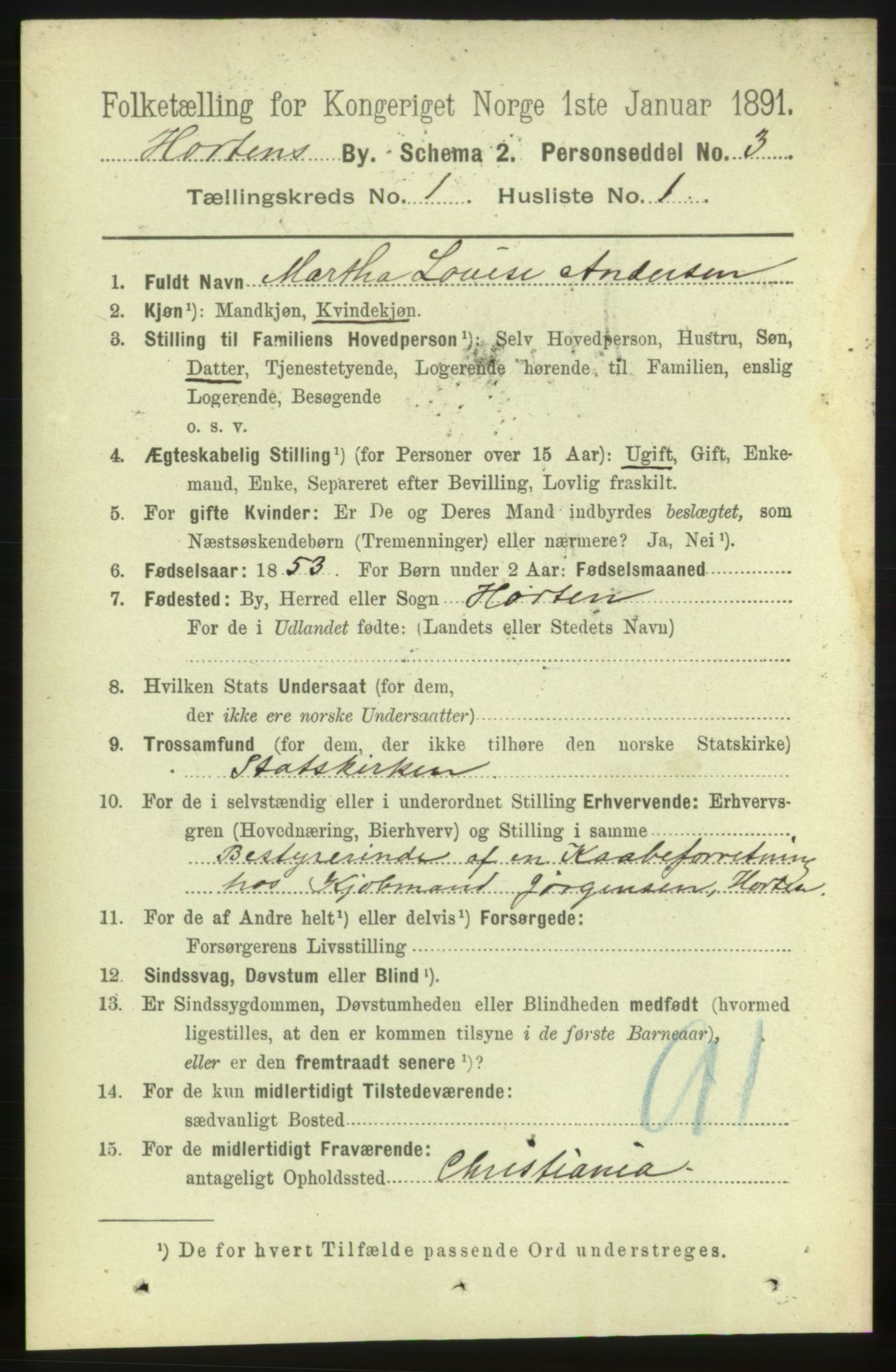 RA, 1891 census for 0703 Horten, 1891, p. 1520