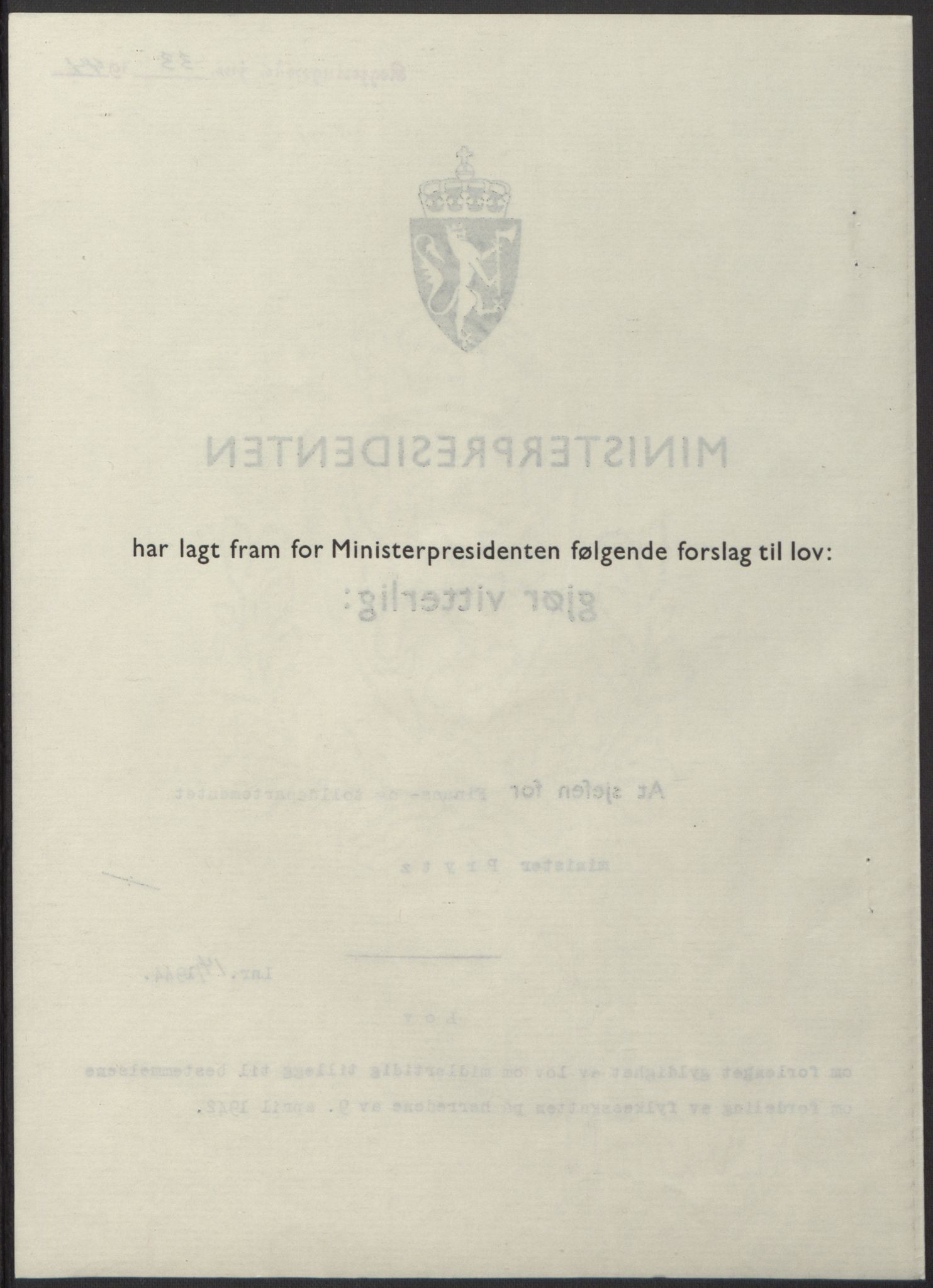 NS-administrasjonen 1940-1945 (Statsrådsekretariatet, de kommisariske statsråder mm), AV/RA-S-4279/D/Db/L0100: Lover, 1944, p. 61