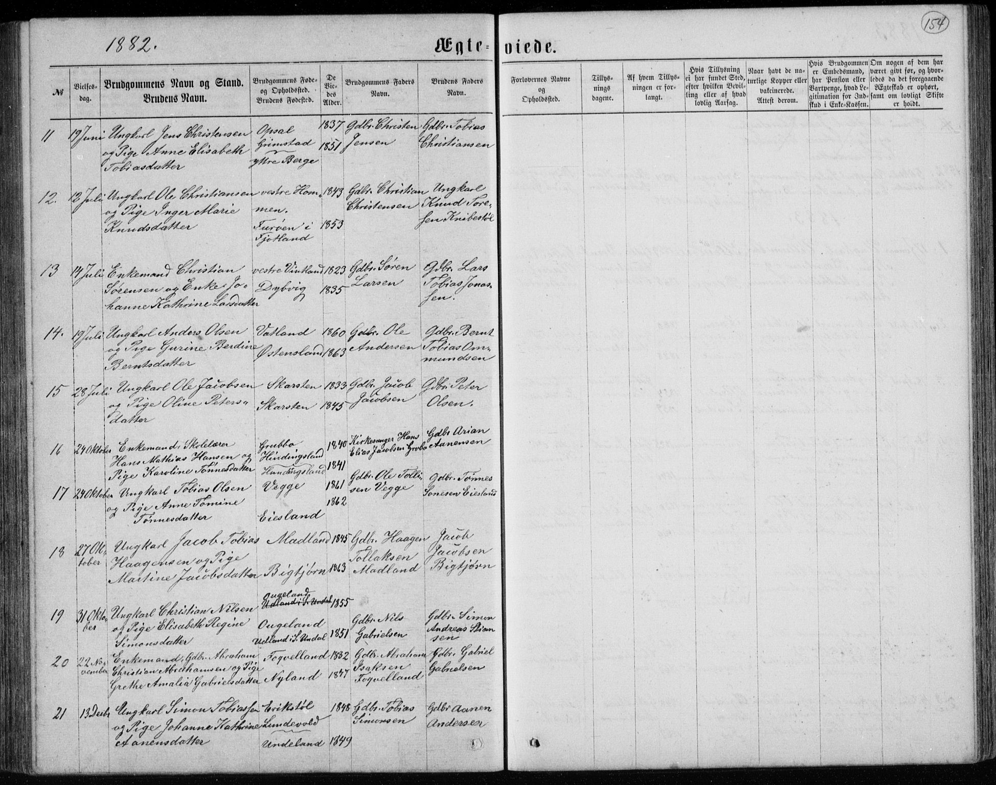 Lyngdal sokneprestkontor, AV/SAK-1111-0029/F/Fb/Fbc/L0004: Parish register (copy) no. B 4, 1878-1896, p. 154