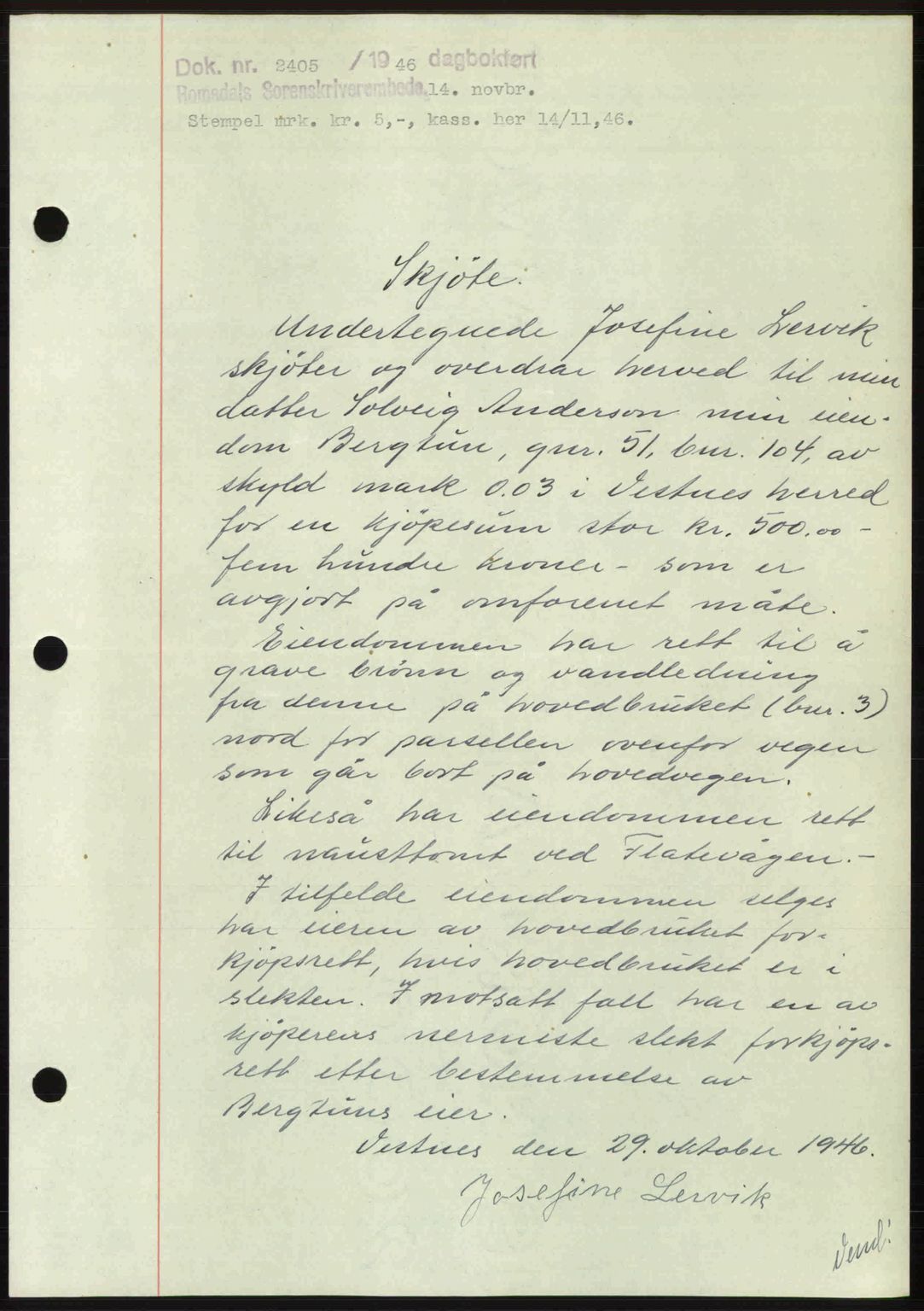 Romsdal sorenskriveri, AV/SAT-A-4149/1/2/2C: Mortgage book no. A21, 1946-1946, Diary no: : 2405/1946