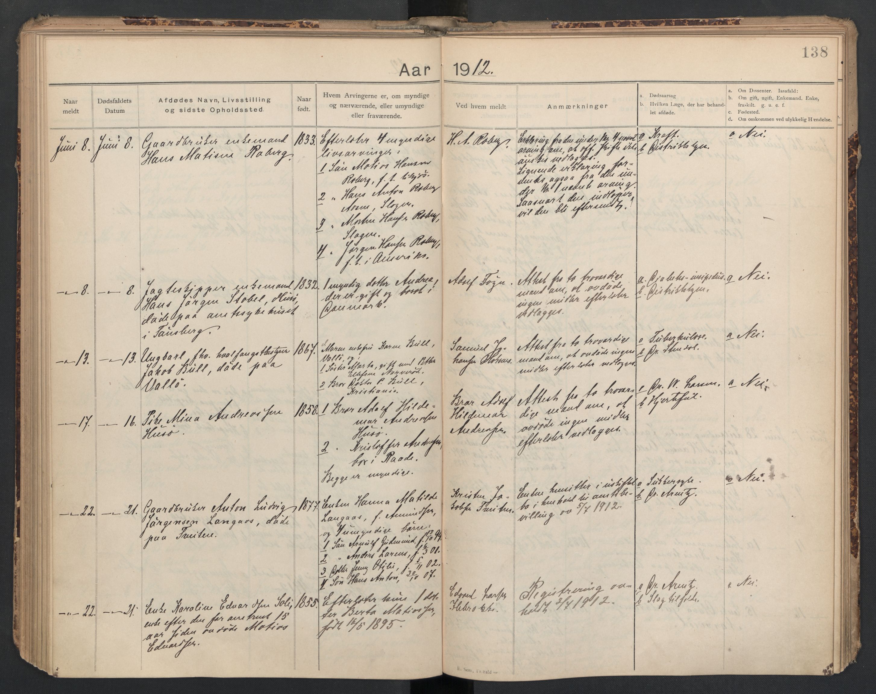 Sem lensmannskontor, AV/SAKO-A-547/H/Ha/L0005: Dødsfallsprotokoll, 1903-1916, p. 138