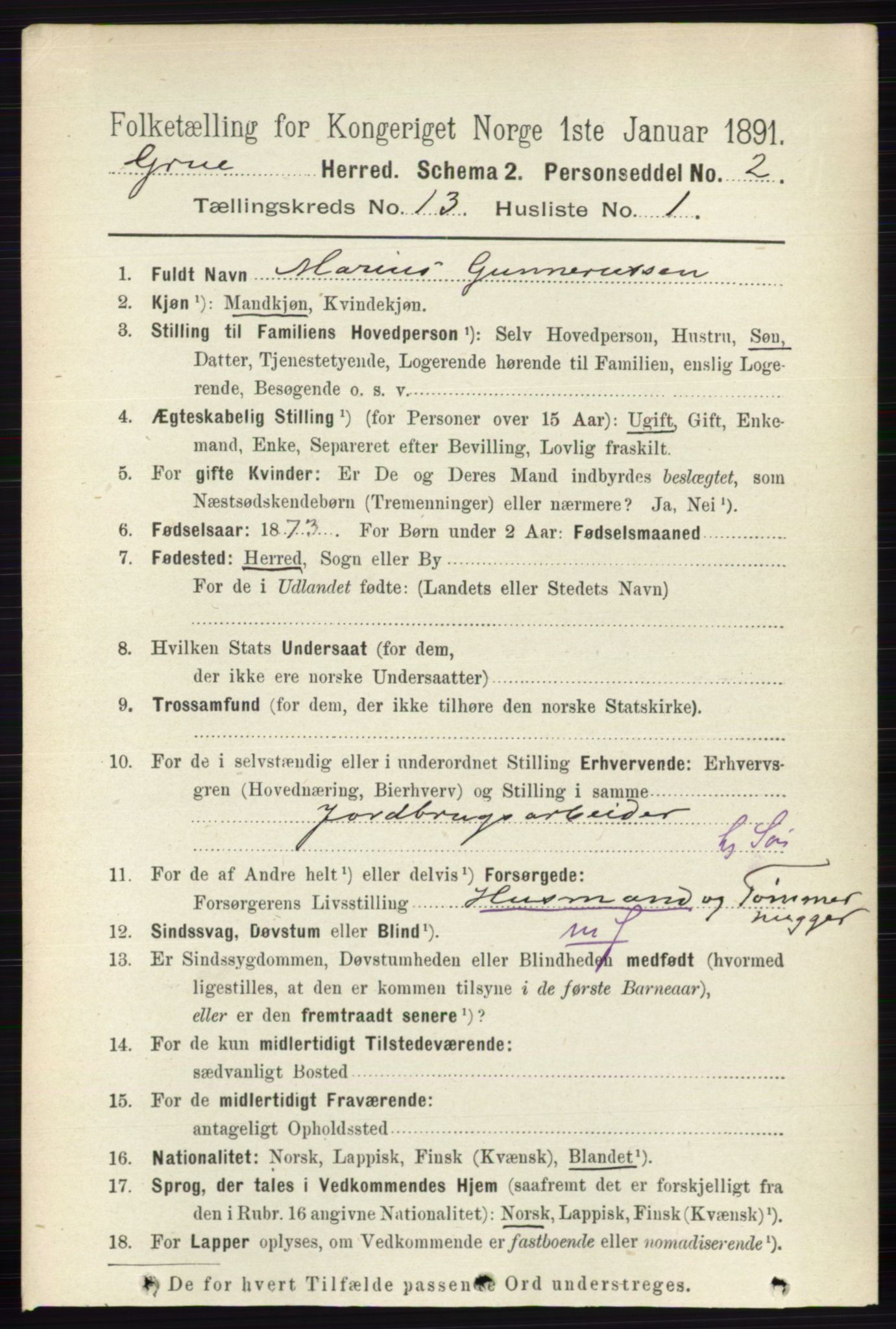 RA, 1891 census for 0423 Grue, 1891, p. 6566