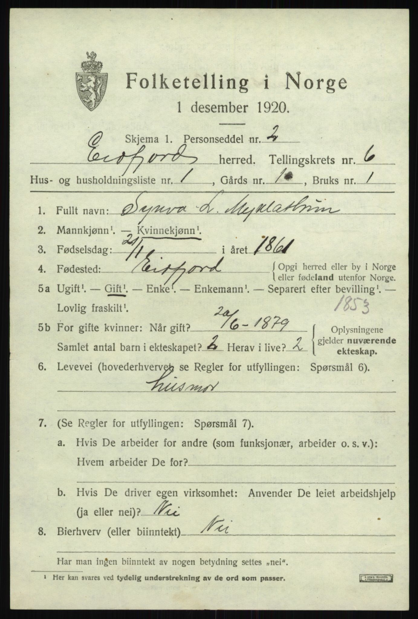 SAB, 1920 census for Eidfjord, 1920, p. 1922