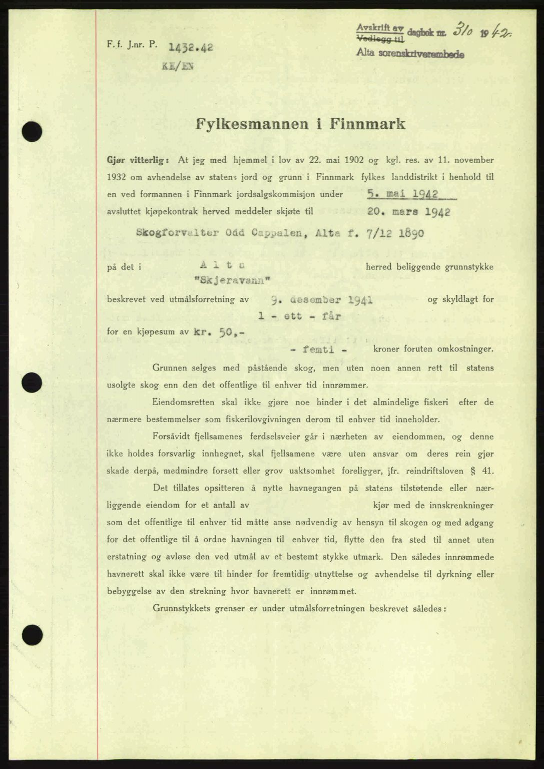 Alta fogderi/sorenskriveri, SATØ/SATØ-5/1/K/Kd/L0033pantebok: Mortgage book no. 33, 1940-1943, Diary no: : 310/1942