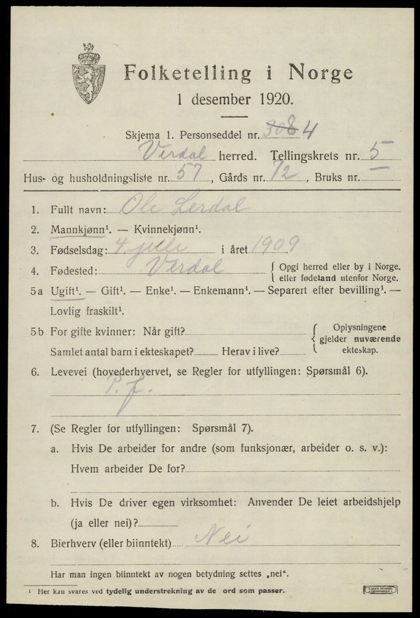 SAT, 1920 census for Verdal, 1920, p. 9183