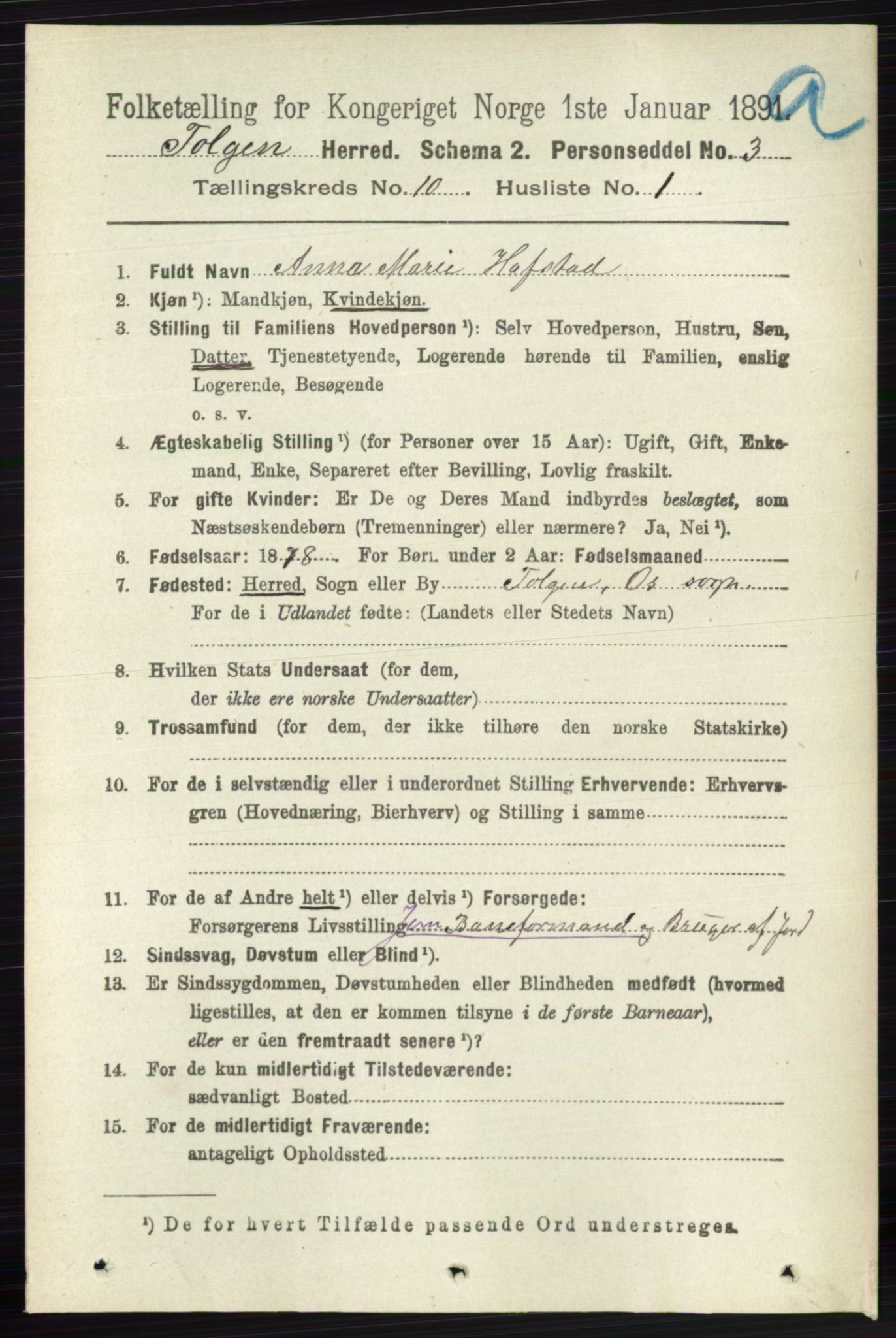 RA, 1891 census for 0436 Tolga, 1891, p. 2691