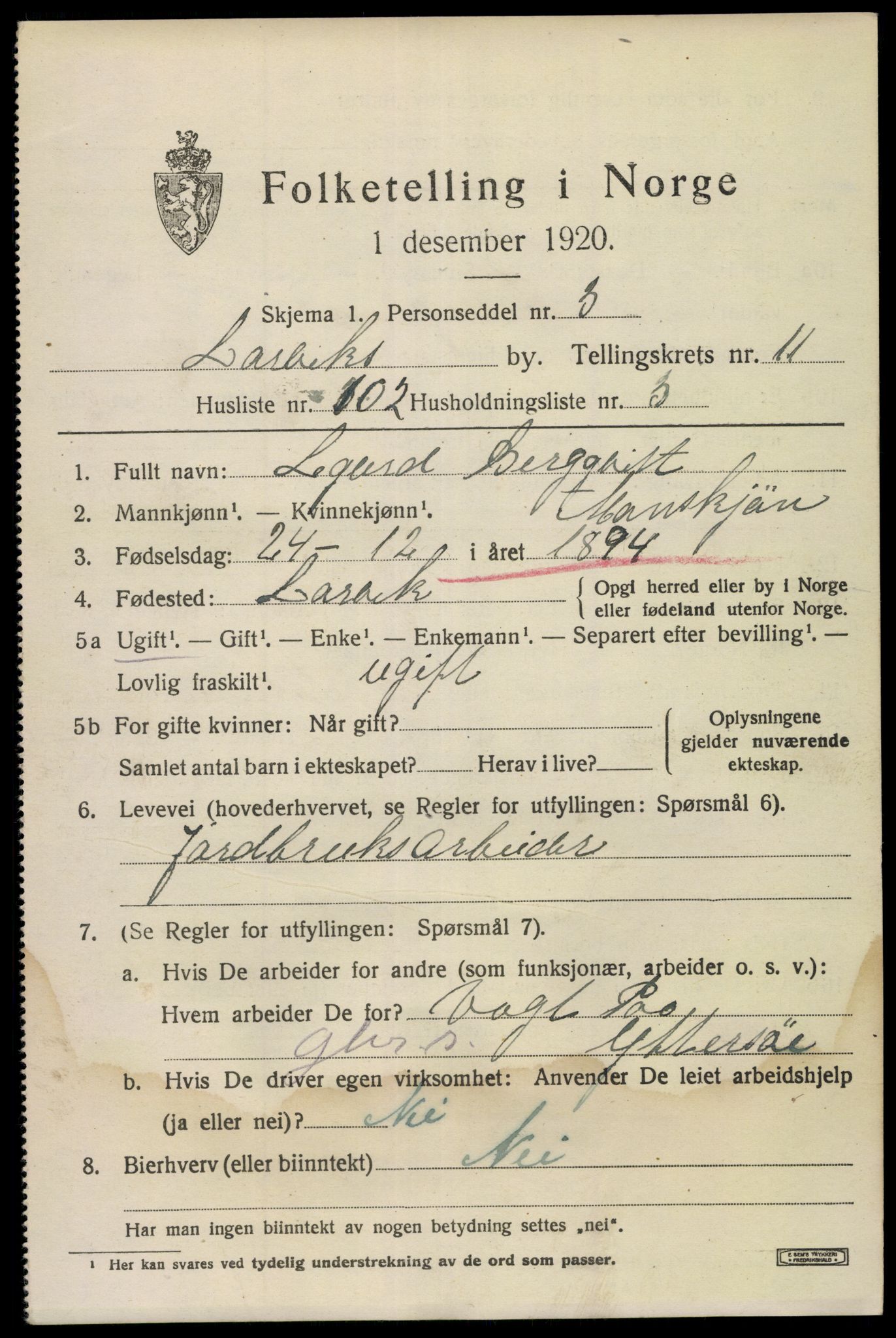 SAKO, 1920 census for Larvik, 1920, p. 30436