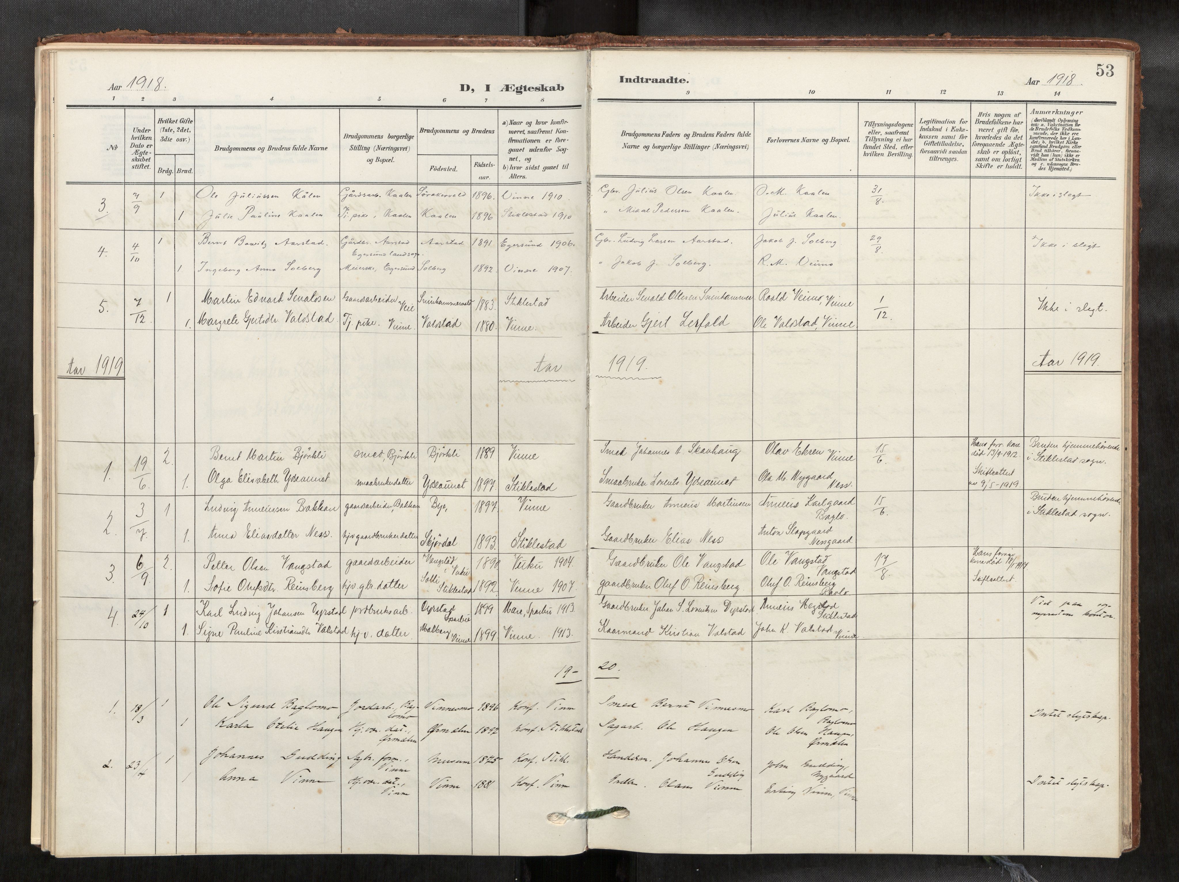Verdal sokneprestkontor, SAT/A-1156/2/H/Haa/L0003: Parish register (official) no. 3, 1907-1921, p. 53