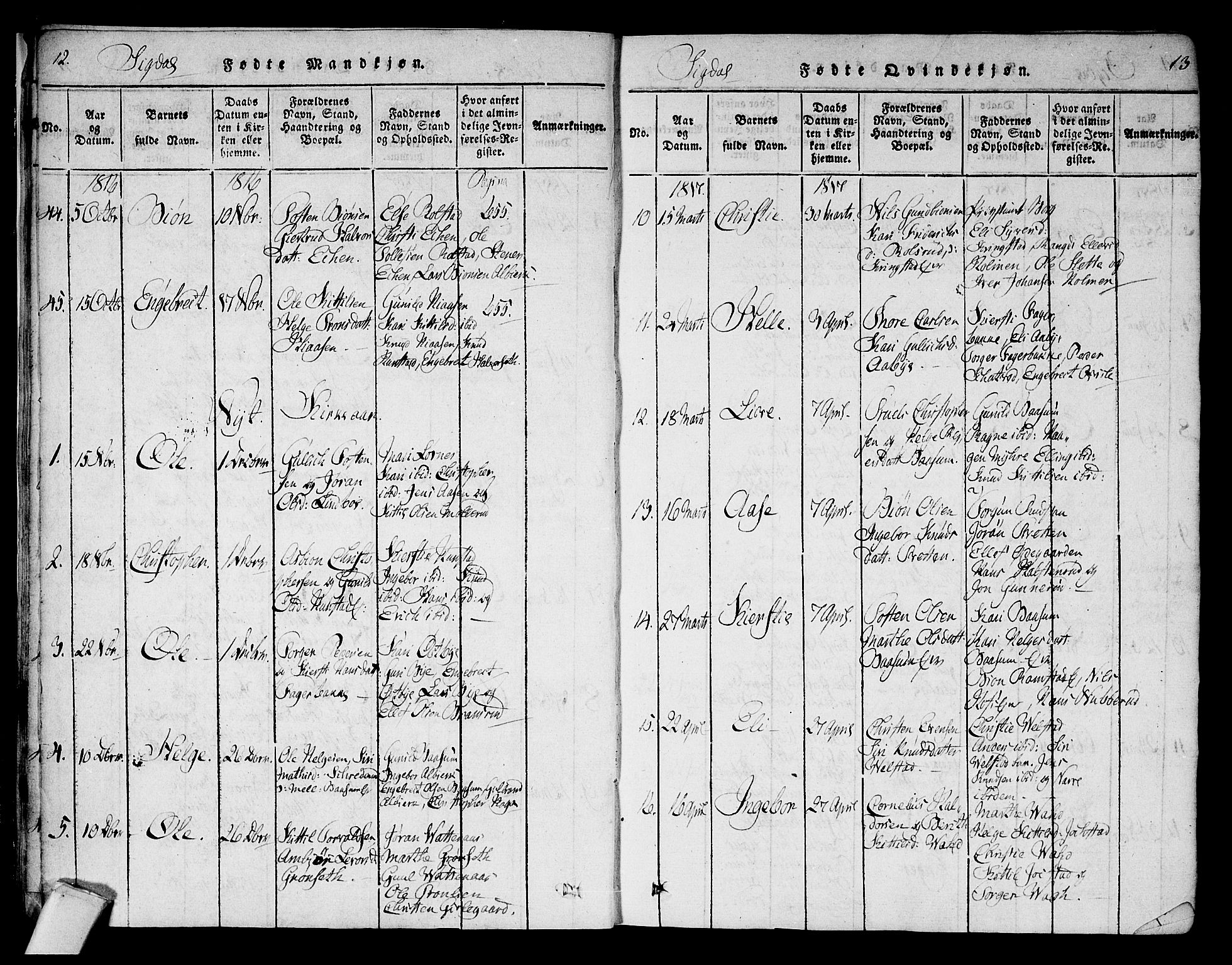 Sigdal kirkebøker, SAKO/A-245/F/Fa/L0005: Parish register (official) no. I 5 /1, 1815-1829, p. 12-13