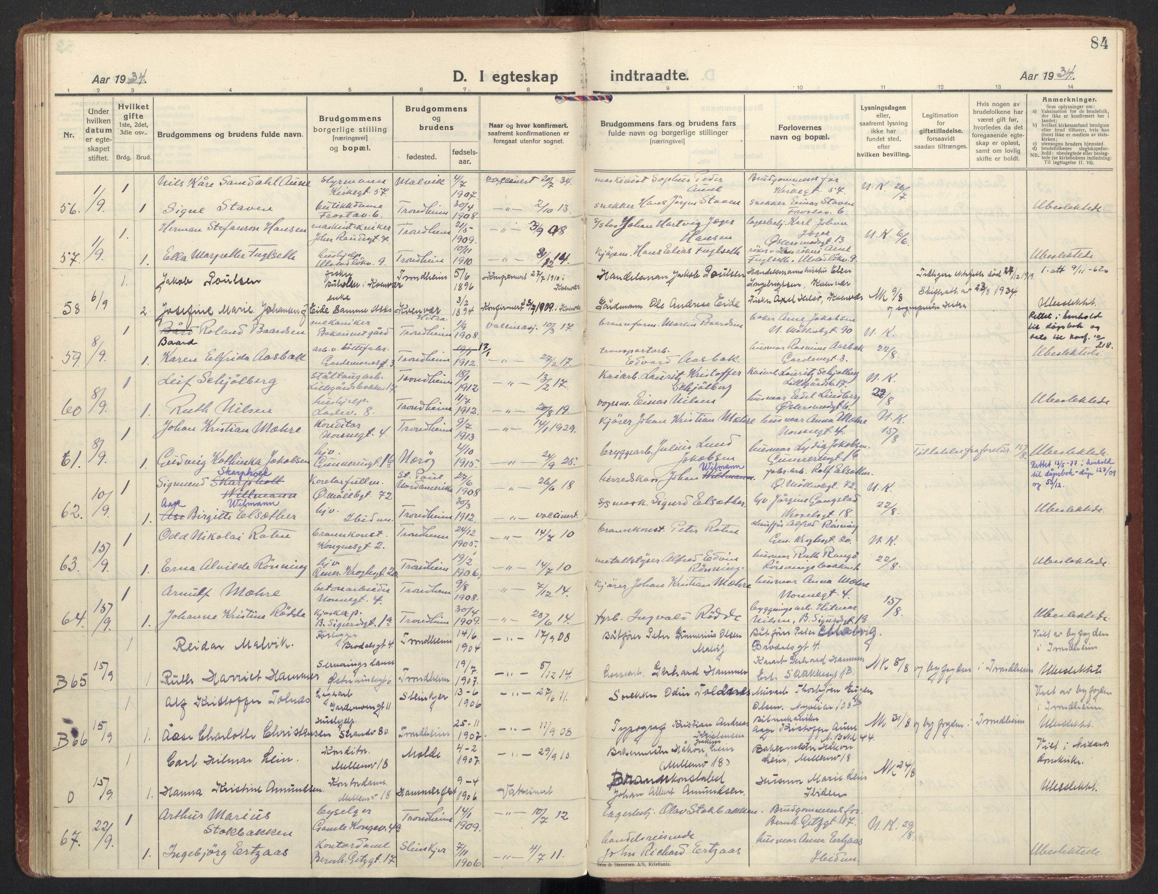 Ministerialprotokoller, klokkerbøker og fødselsregistre - Sør-Trøndelag, AV/SAT-A-1456/605/L0249: Parish register (official) no. 605A11, 1925-1936, p. 84