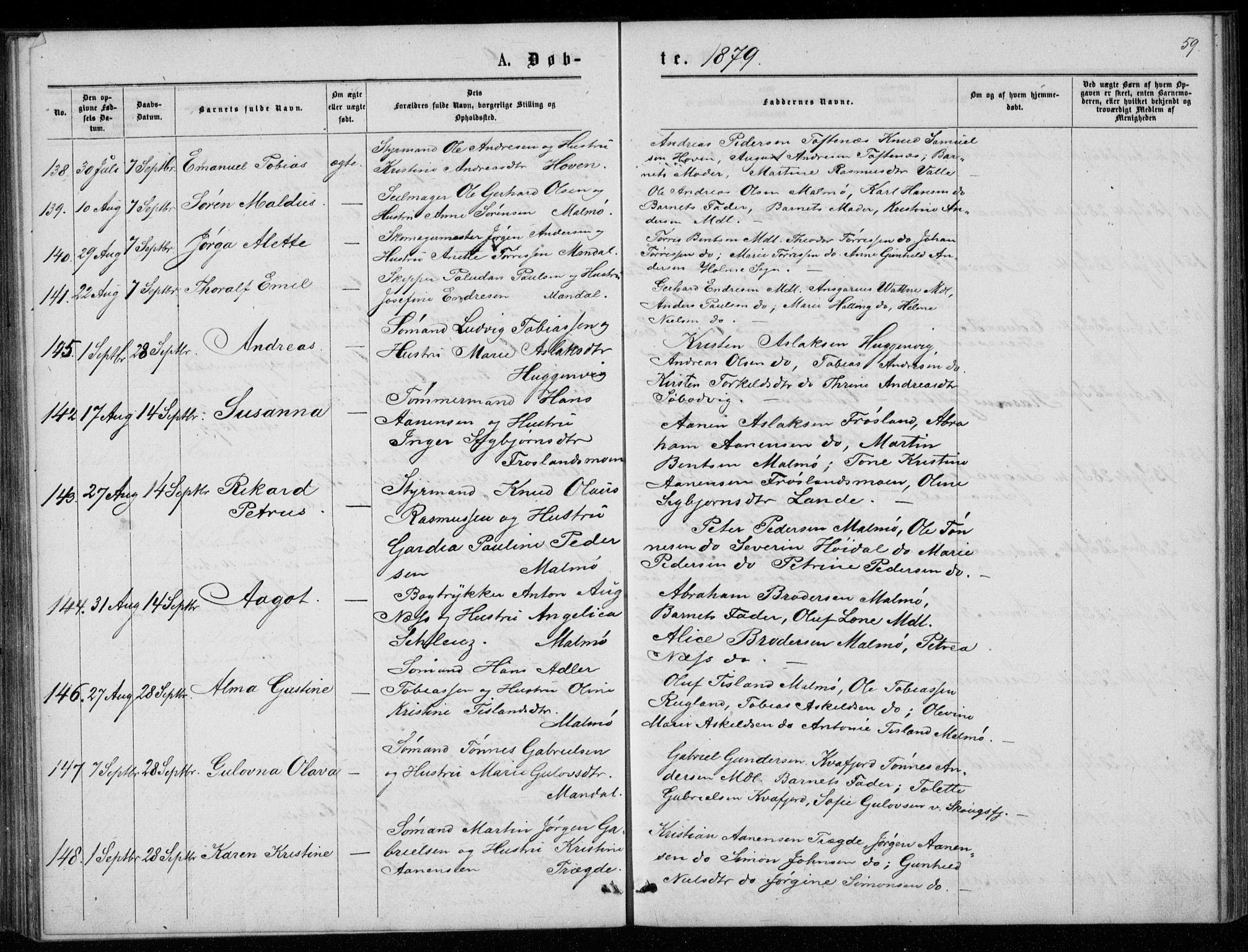 Mandal sokneprestkontor, AV/SAK-1111-0030/F/Fb/Fba/L0010: Parish register (copy) no. B 4, 1876-1880, p. 59