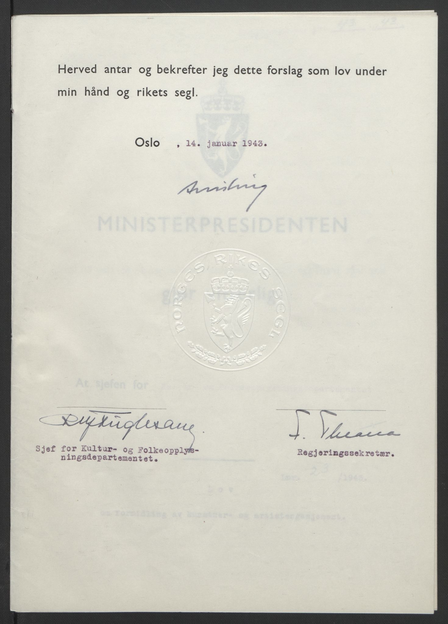NS-administrasjonen 1940-1945 (Statsrådsekretariatet, de kommisariske statsråder mm), RA/S-4279/D/Db/L0099: Lover, 1943, p. 96
