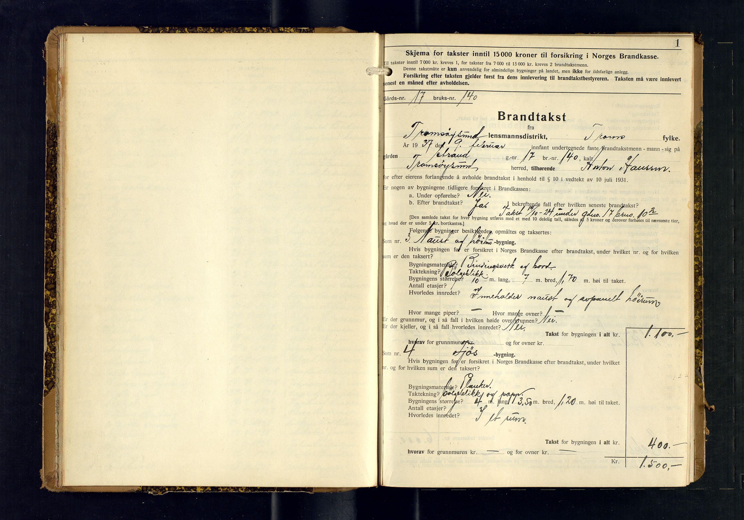 Tromsøysund lensmannskontor, AV/SATØ-SATØ-12/F/Fs/Fsb/L0755: Branntakstprotokoll (S). Med register, 1937-1938, p. 1
