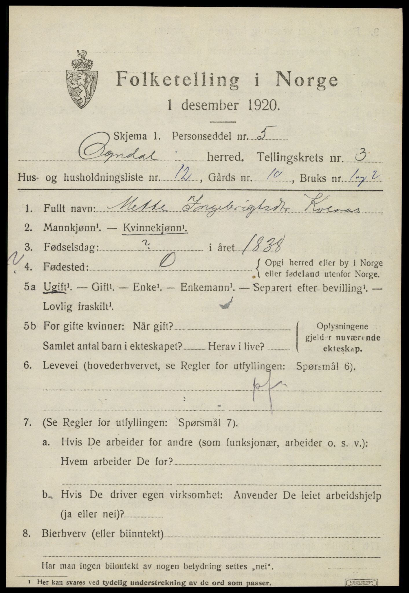 SAT, 1920 census for Ogndal, 1920, p. 1331