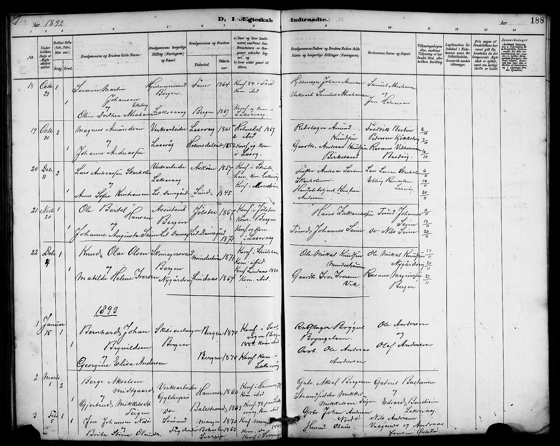 Laksevåg Sokneprestembete, SAB/A-76501/H/Ha/Hab/Haba/L0003: Parish register (copy) no. A 3, 1887-1899, p. 188