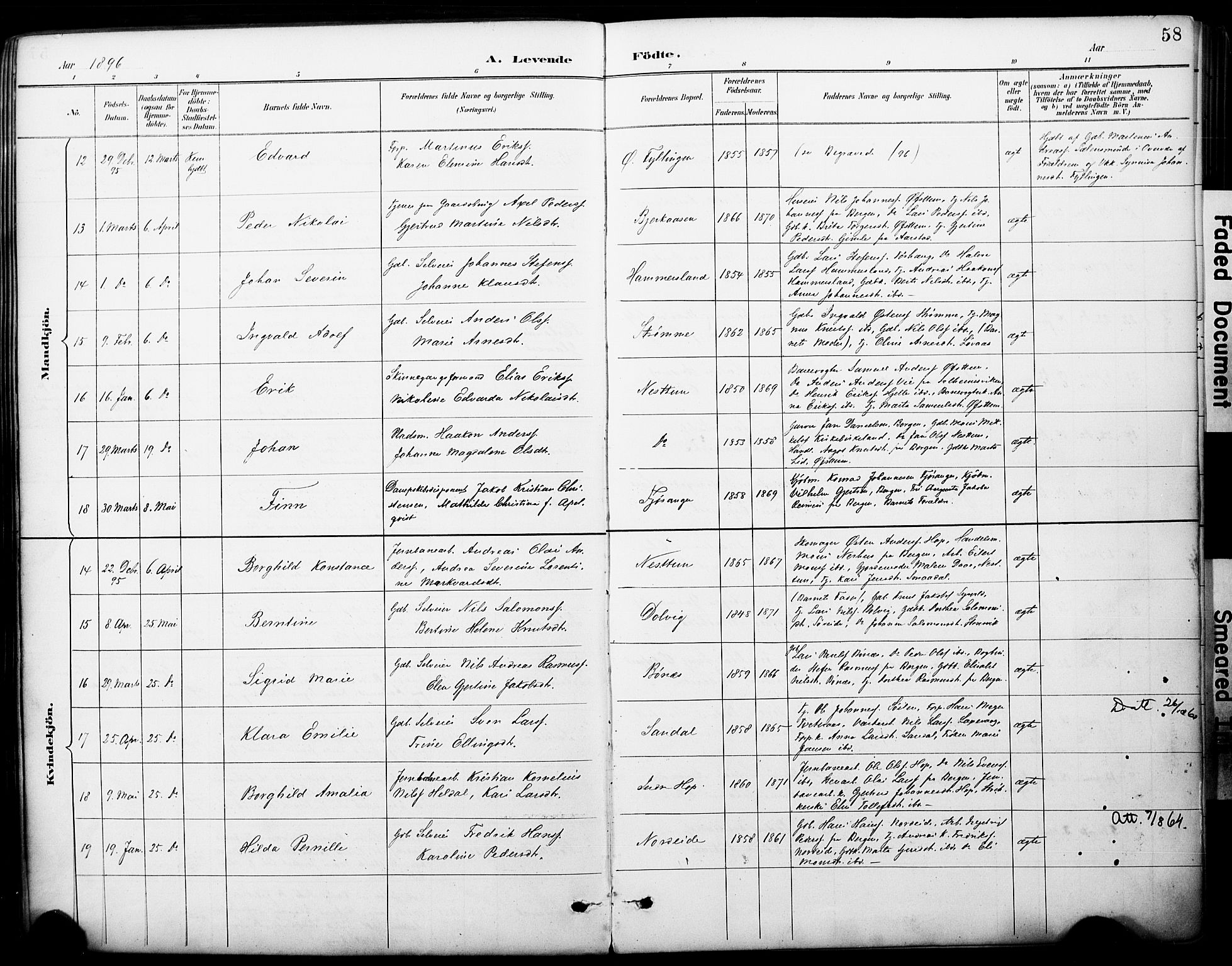 Fana Sokneprestembete, AV/SAB-A-75101/H/Haa/Haai/L0002: Parish register (official) no. I 2, 1888-1899, p. 58