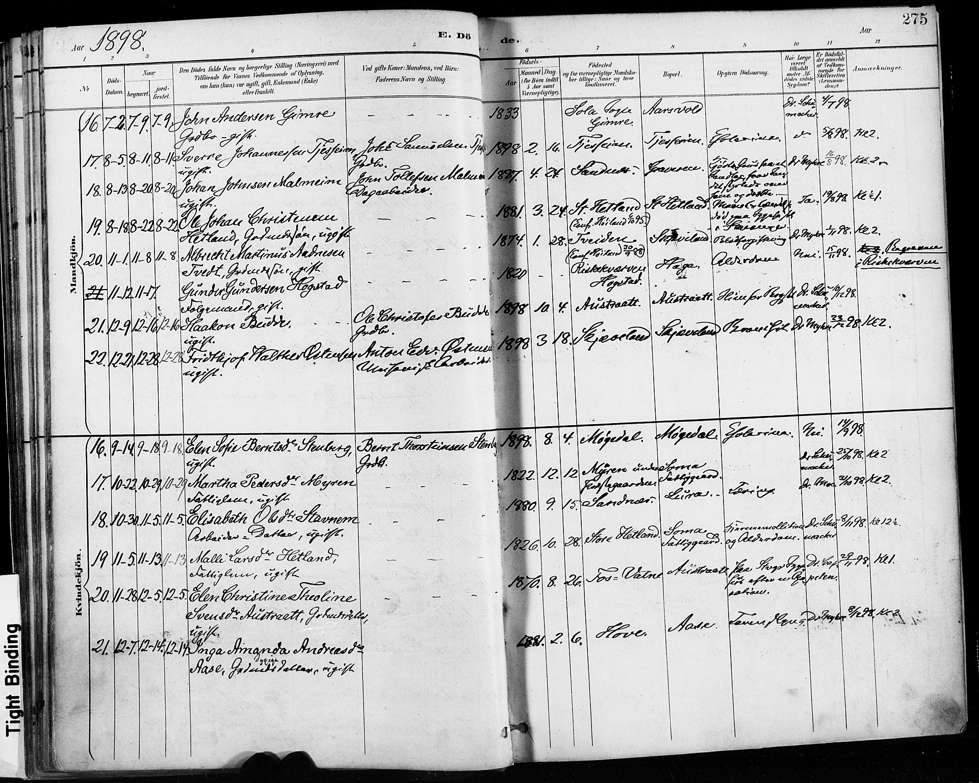 Høyland sokneprestkontor, SAST/A-101799/001/30BA/L0013: Parish register (official) no. A 13.2, 1889-1898, p. 275