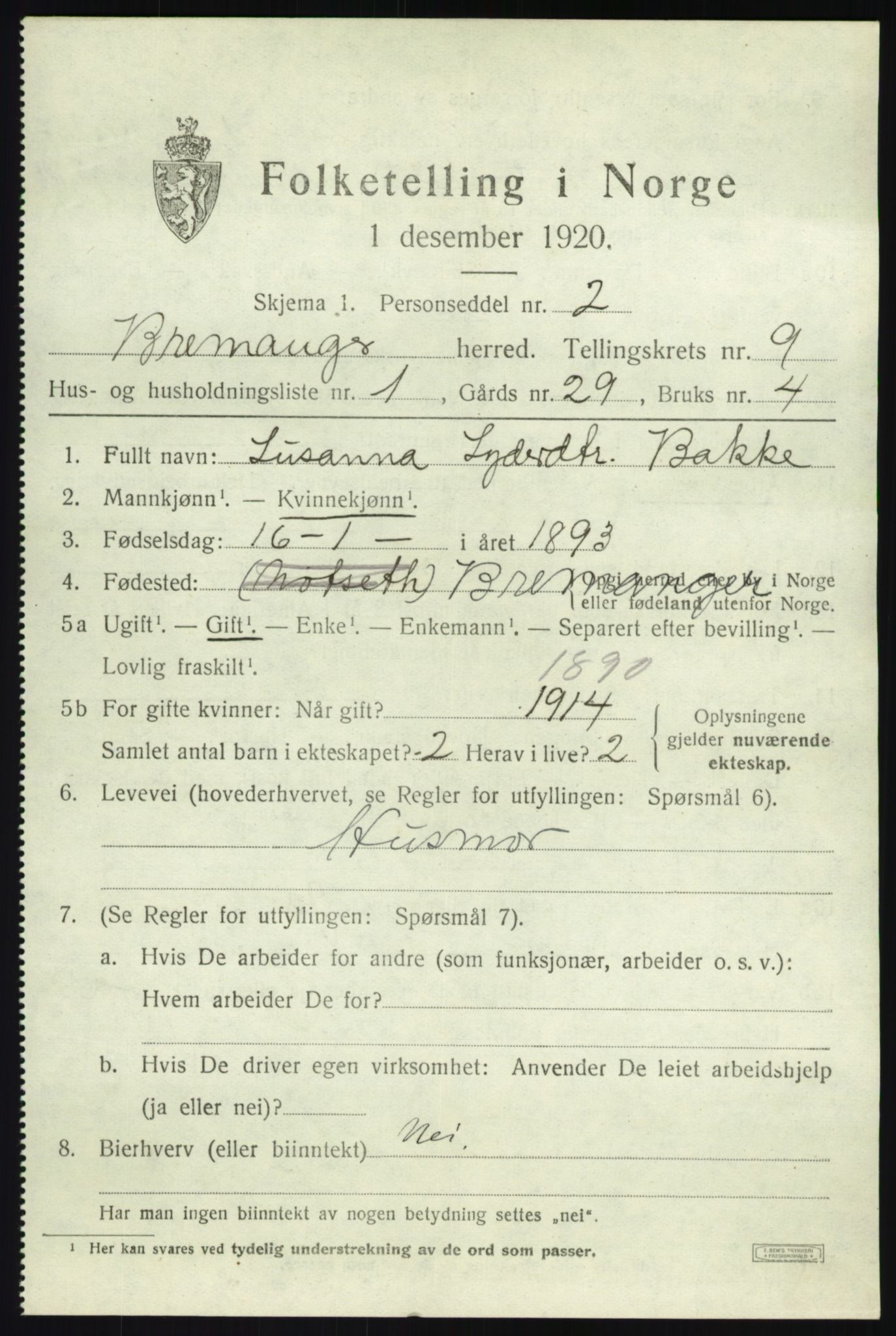 SAB, 1920 census for Bremanger, 1920, p. 5128