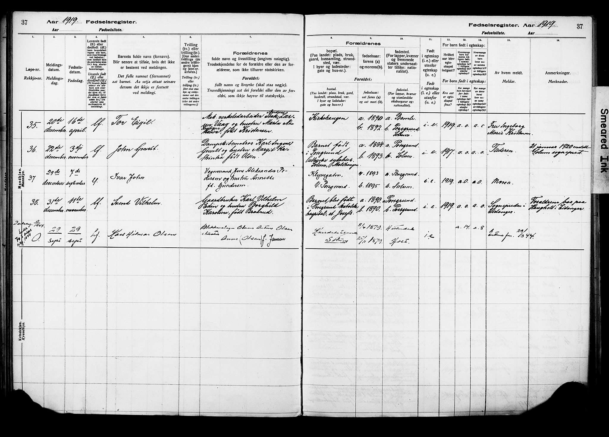 Porsgrunn kirkebøker , AV/SAKO-A-104/J/Ja/L0001: Birth register no. 1, 1916-1929, p. 37