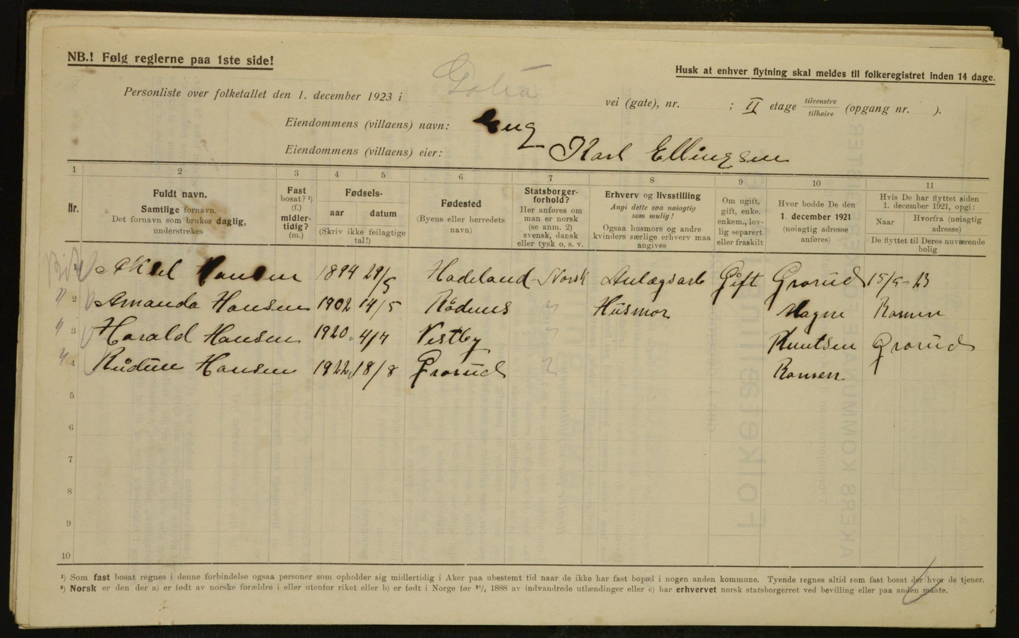 , Municipal Census 1923 for Aker, 1923, p. 30924