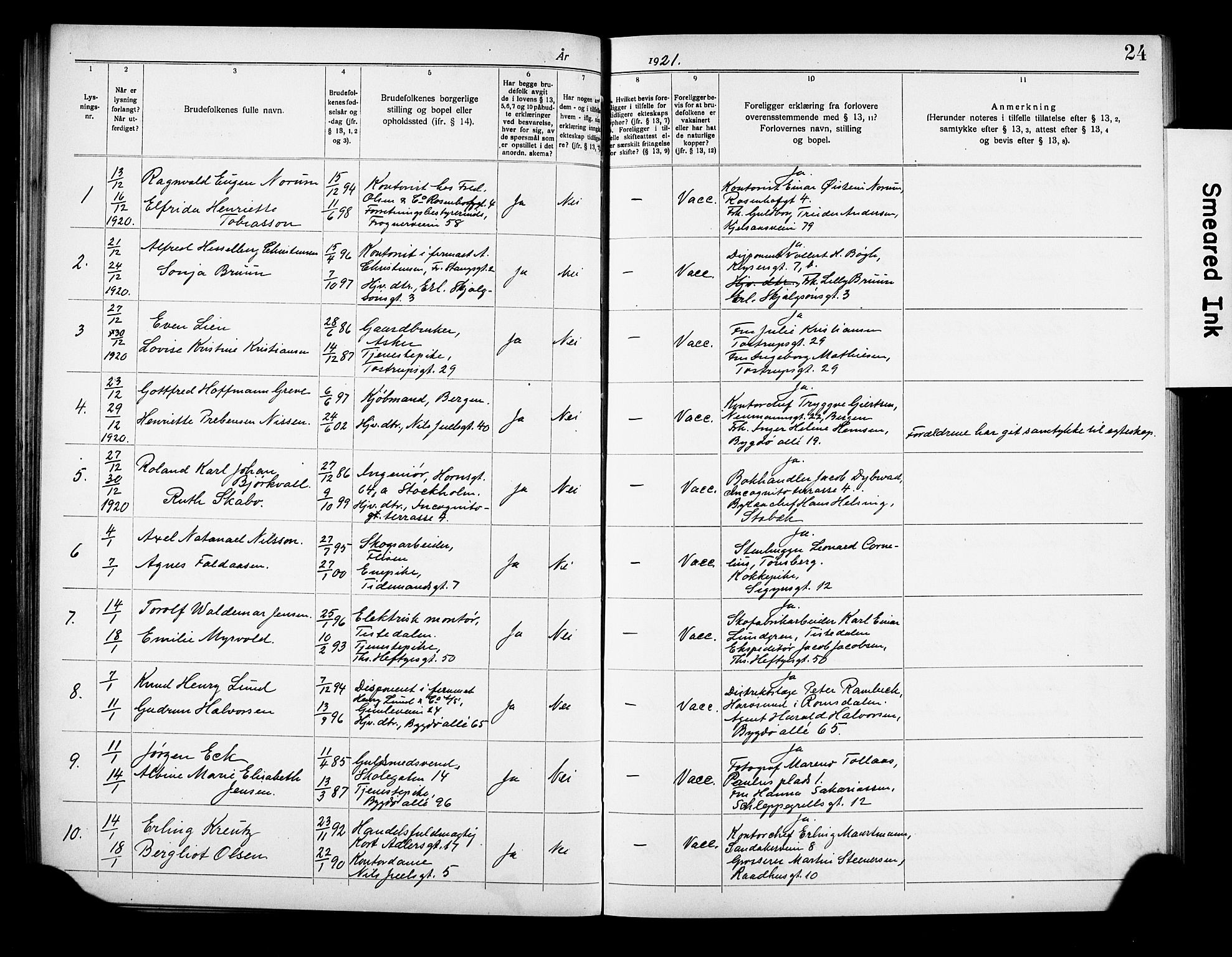 Frogner prestekontor Kirkebøker, AV/SAO-A-10886/H/Ha/L0005: Banns register no. 5, 1919-1927, p. 24