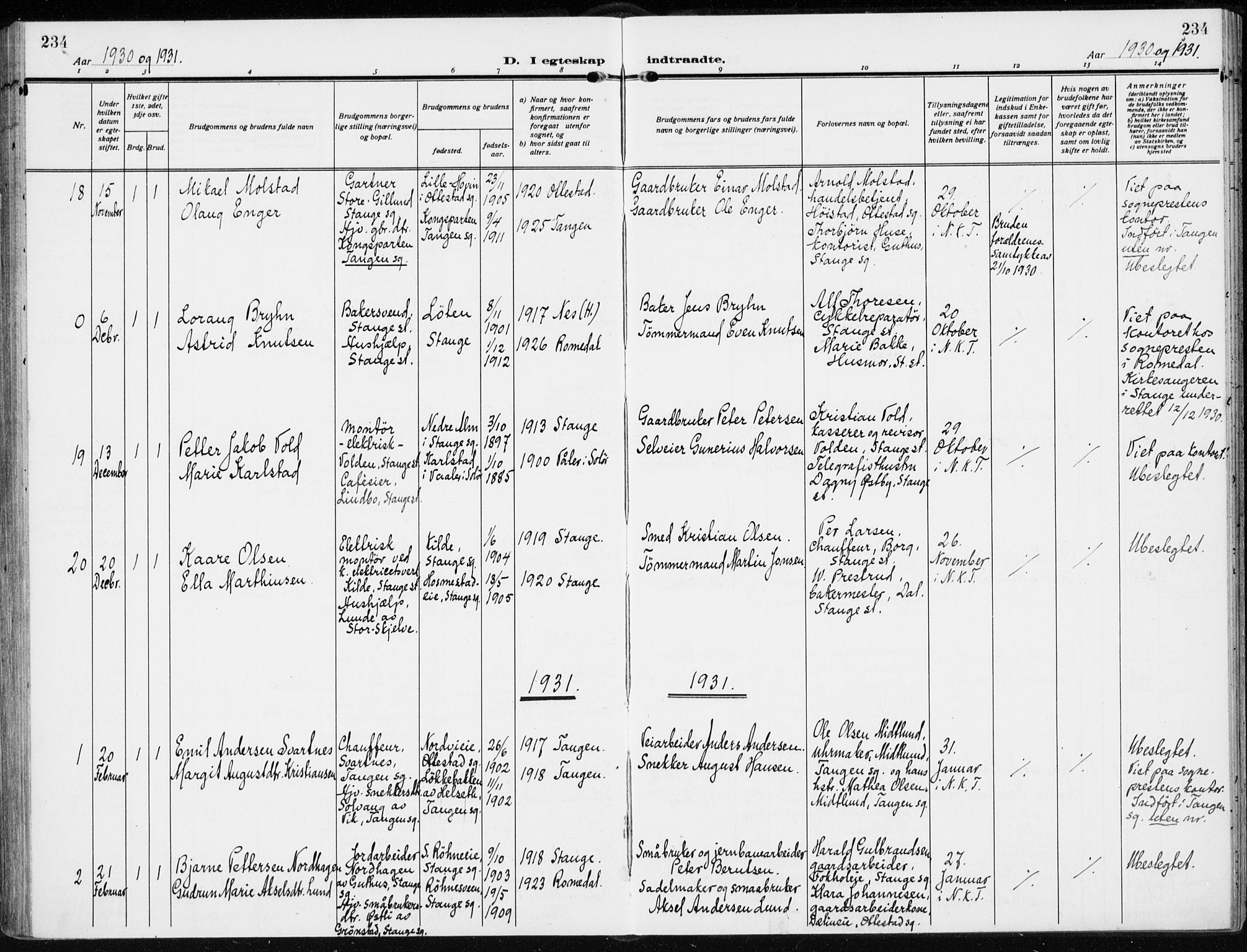Stange prestekontor, AV/SAH-PREST-002/K/L0026: Parish register (official) no. 26, 1923-1937, p. 234