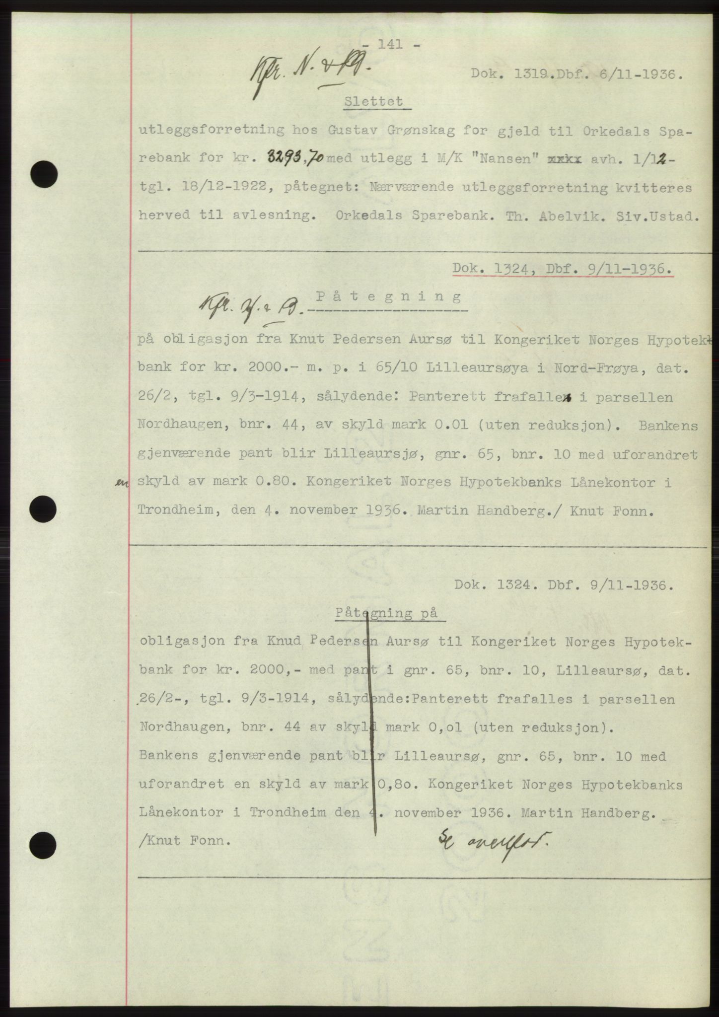 Hitra sorenskriveri, AV/SAT-A-0018/2/2C/2Ca: Mortgage book no. C1, 1936-1945, Diary no: : 1319/1936