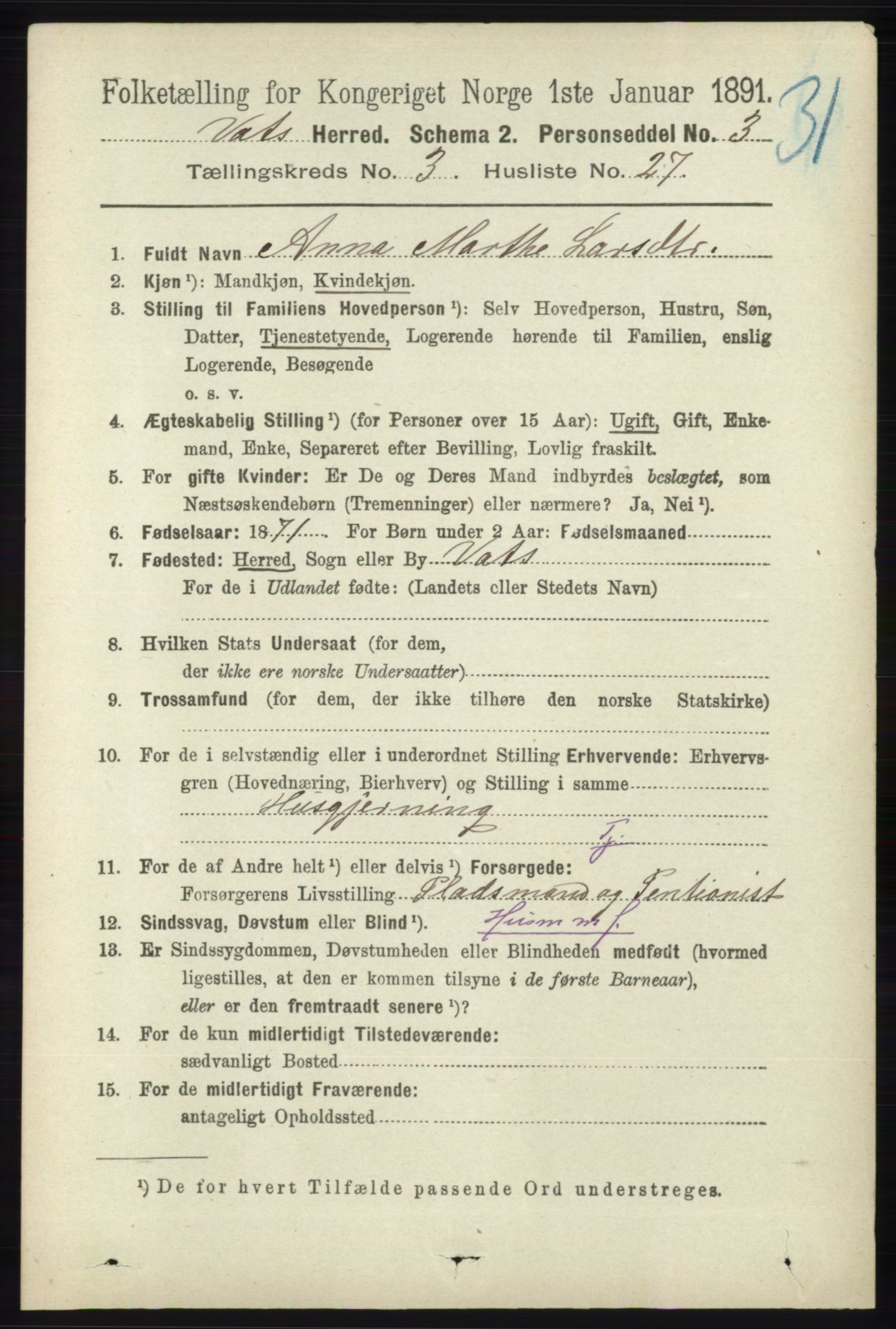 RA, 1891 census for 1155 Vats, 1891, p. 587