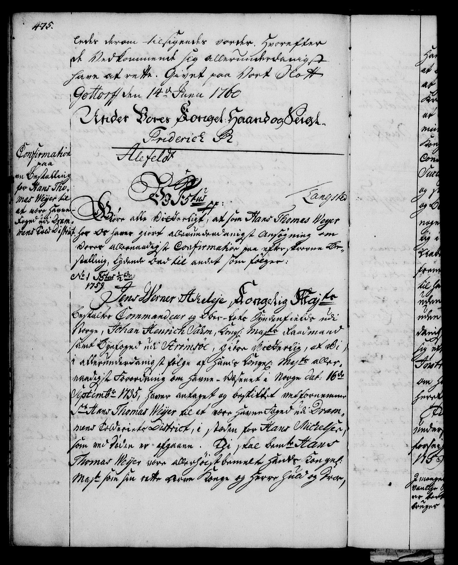 Rentekammeret, Kammerkanselliet, RA/EA-3111/G/Gg/Gge/L0003: Norsk bestallingsprotokoll med register (merket RK 53.27), 1745-1761, p. 475