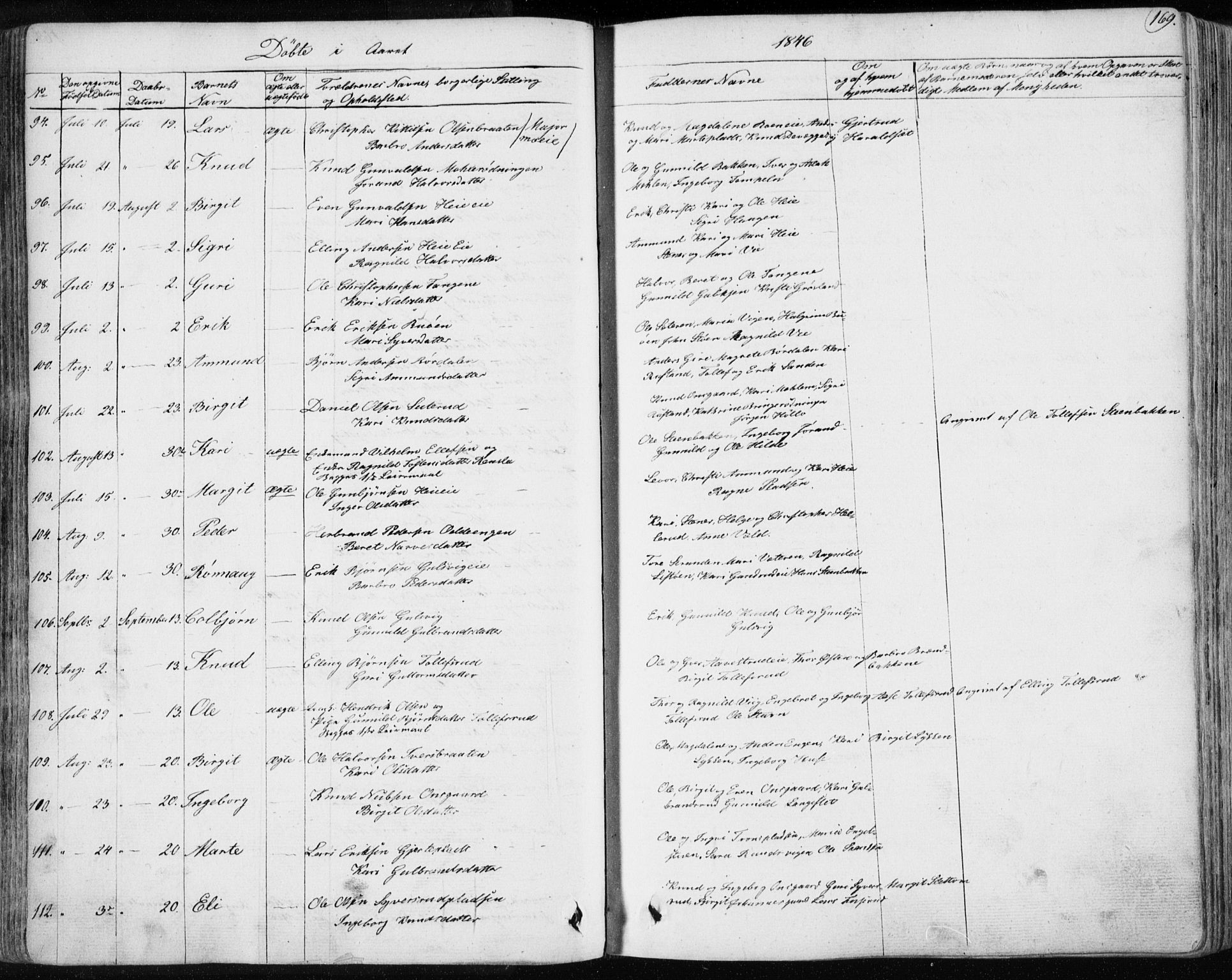 Nes kirkebøker, AV/SAKO-A-236/F/Fa/L0009: Parish register (official) no. 9, 1834-1863, p. 169