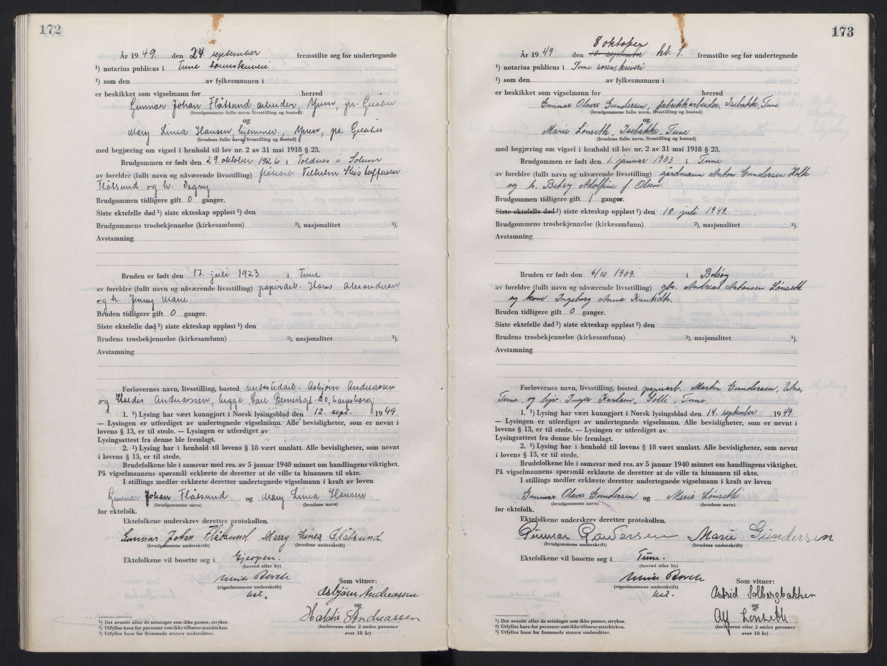 Tune sorenskriveri, AV/SAO-A-10470/L/Lb/L0003: Vigselprotokoll, 1944-1951, p. 172-173