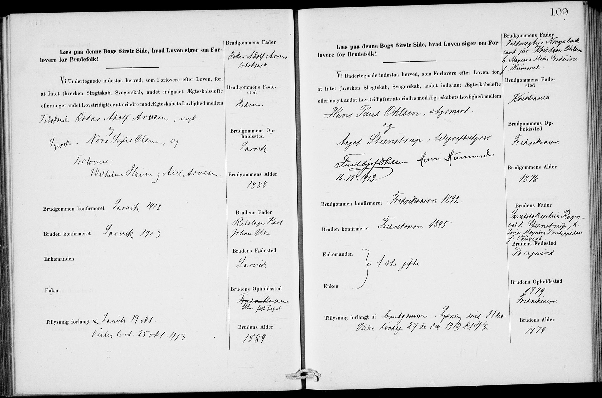 Stavern kirkebøker, SAKO/A-318/H/Ha/L0001: Banns register no. 1, 1875-1918, p. 109