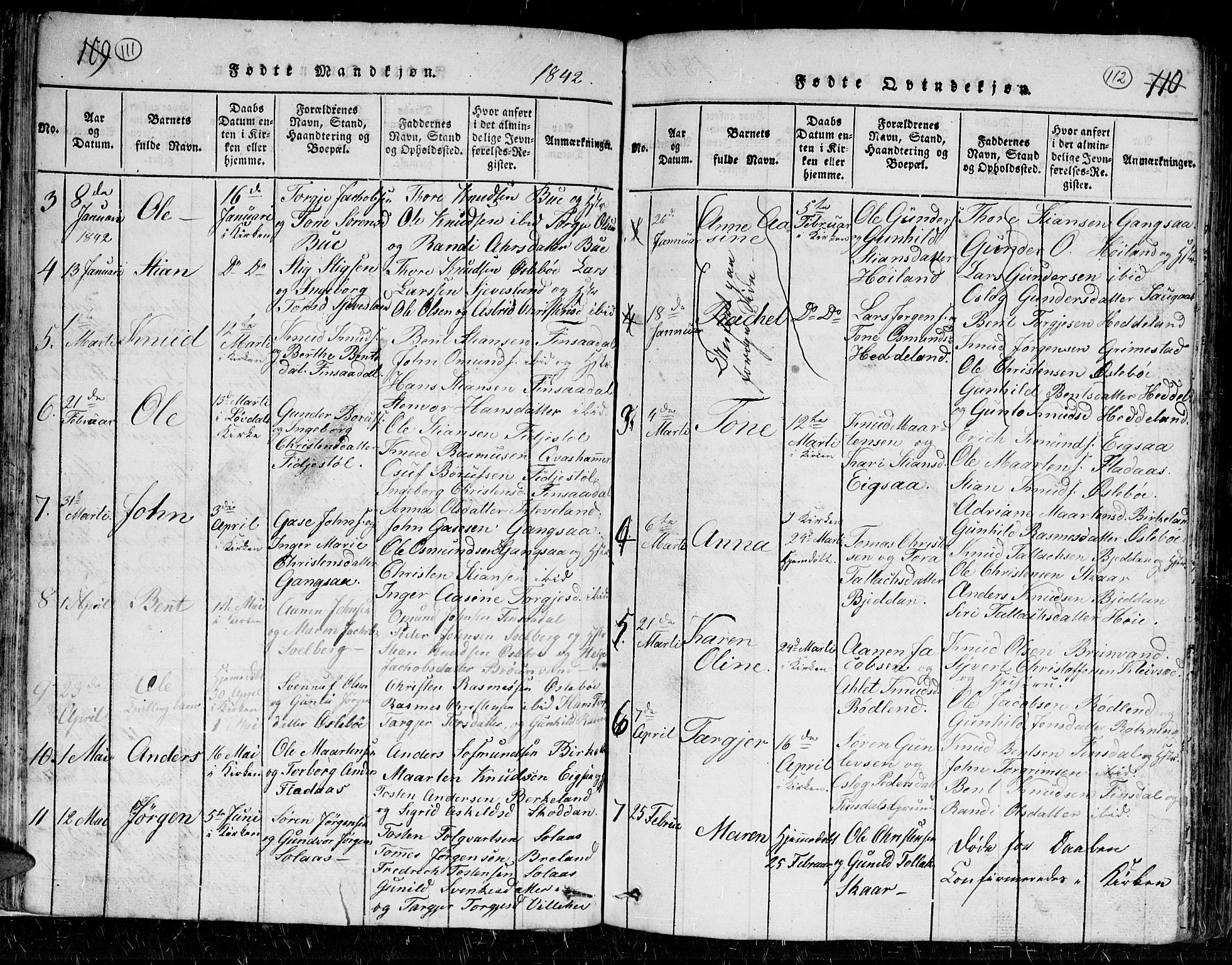 Holum sokneprestkontor, AV/SAK-1111-0022/F/Fb/Fbc/L0001: Parish register (copy) no. B 1, 1820-1859, p. 111-112