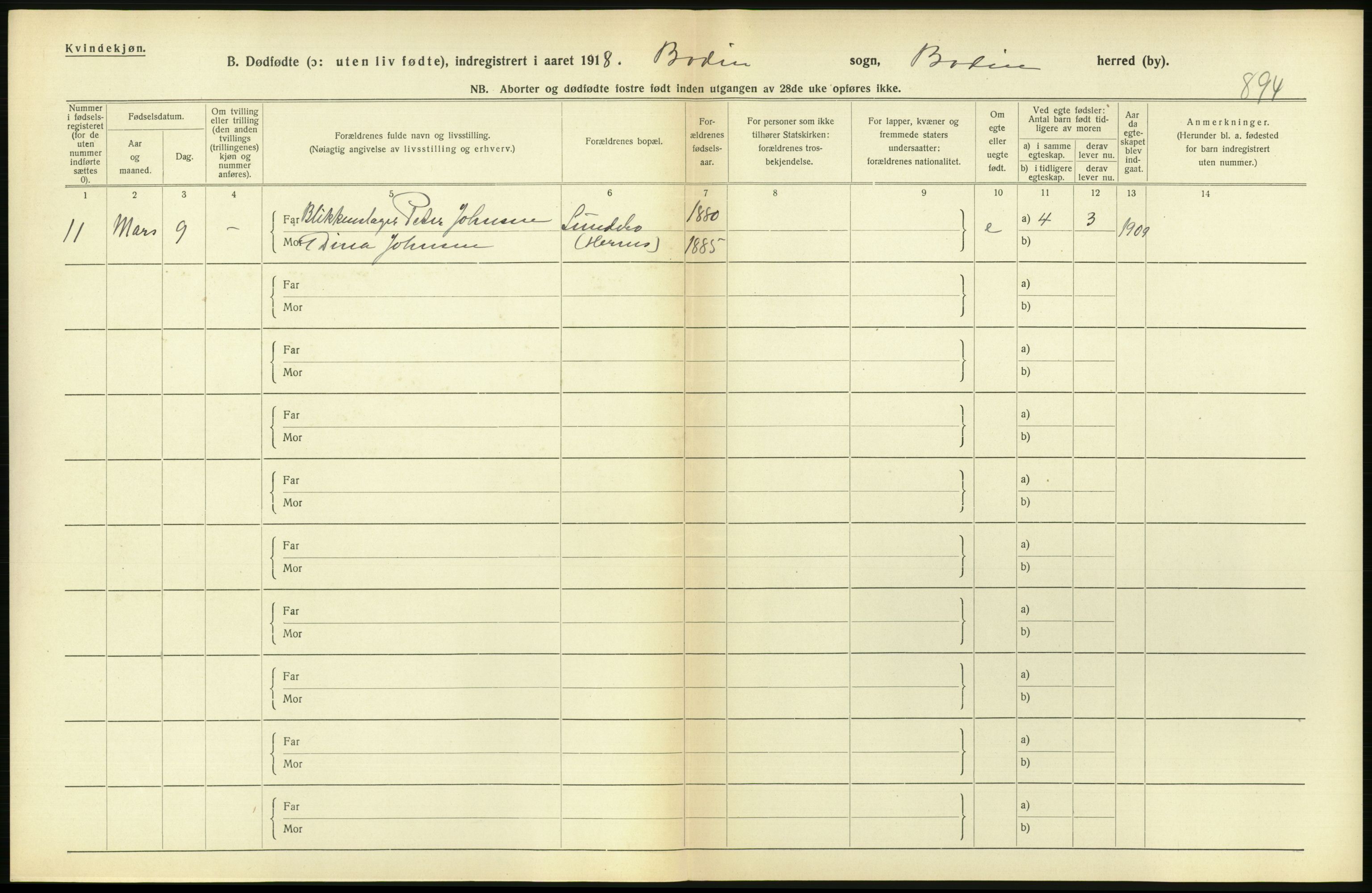 Statistisk sentralbyrå, Sosiodemografiske emner, Befolkning, RA/S-2228/D/Df/Dfb/Dfbh/L0054: Nordland fylke: Gifte, dødfødte. Bygder og byer., 1918, p. 454