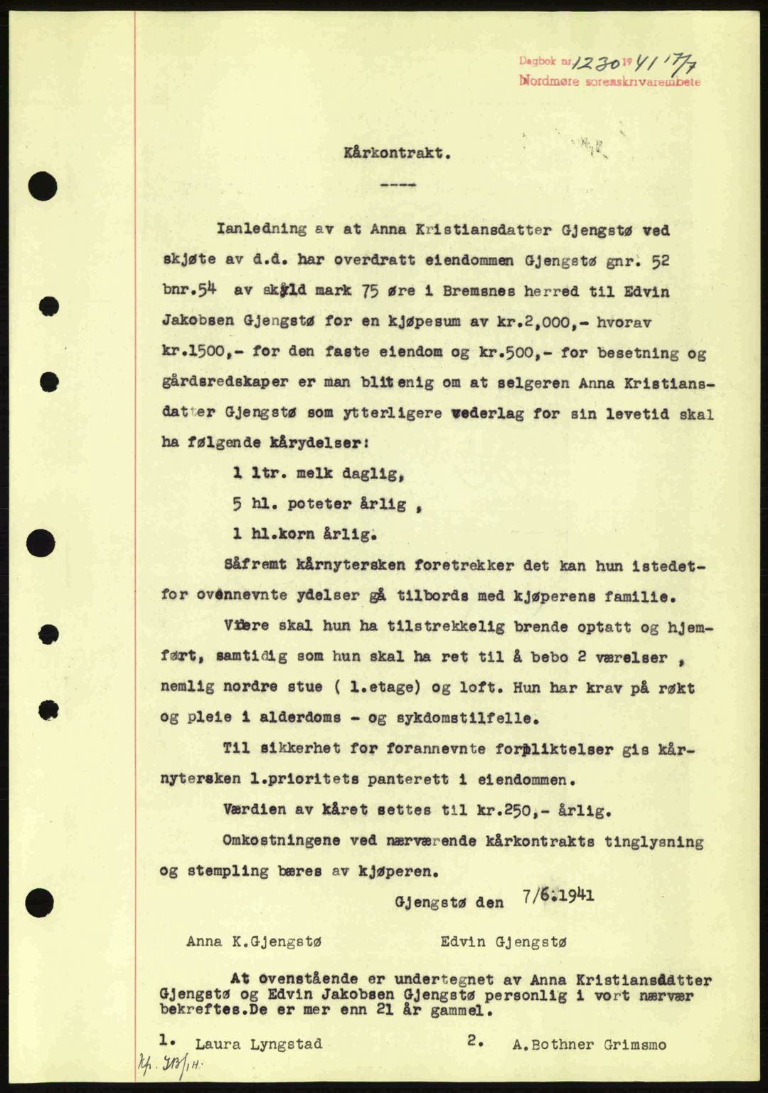 Nordmøre sorenskriveri, AV/SAT-A-4132/1/2/2Ca: Mortgage book no. B88, 1941-1942, Diary no: : 1230/1941