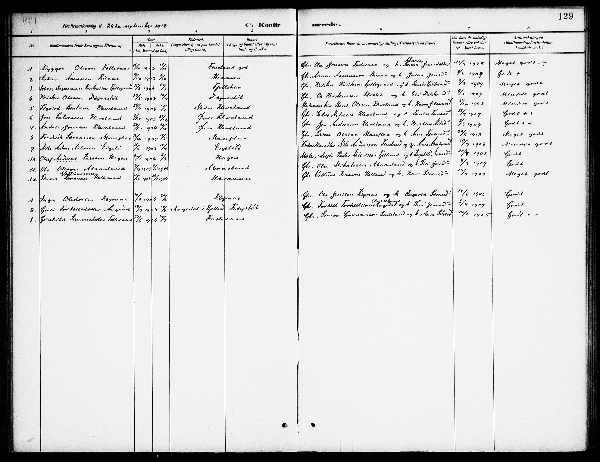 Bjelland sokneprestkontor, SAK/1111-0005/F/Fa/Fab/L0004: Parish register (official) no. A 4, 1887-1920, p. 129
