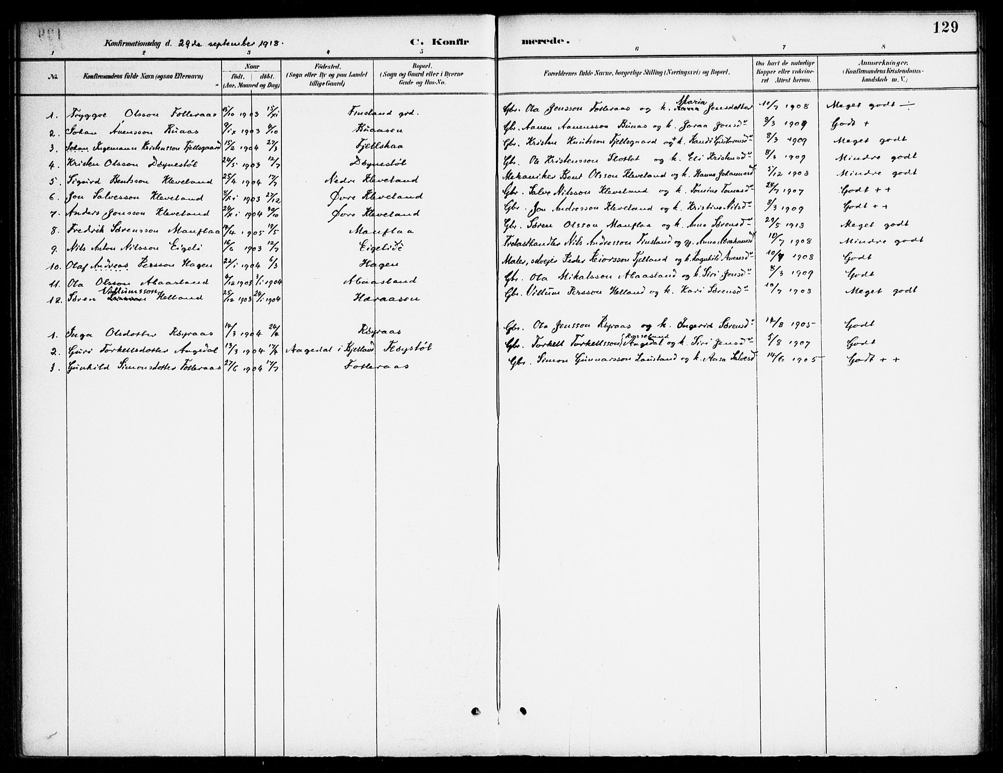 Bjelland sokneprestkontor, AV/SAK-1111-0005/F/Fa/Fab/L0004: Parish register (official) no. A 4, 1887-1920, p. 129