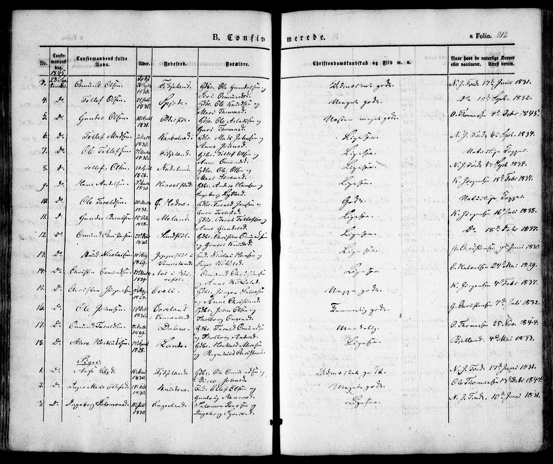 Evje sokneprestkontor, AV/SAK-1111-0008/F/Fa/Faa/L0005: Parish register (official) no. A 5, 1843-1865, p. 212